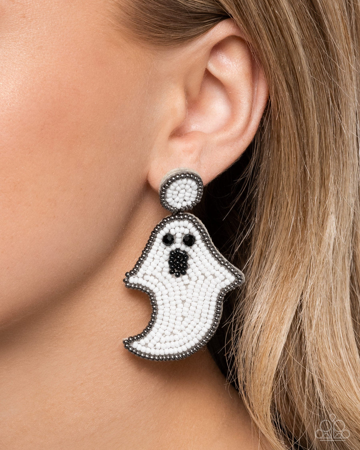 Ghost Story White Seed Bead Earrings - Paparazzi Accessories- on model - CarasShop.com - Paparazzi Jewelry by Cara Jewels