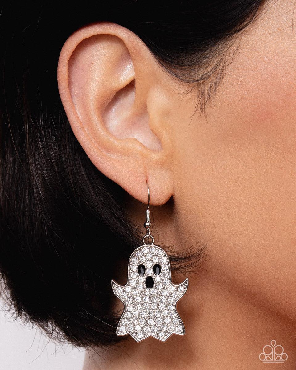 Ghost Town White Rhinestone Earrings - Paparazzi Accessories-on model - CarasShop.com - Paparazzi Jewelry by Cara Jewels
