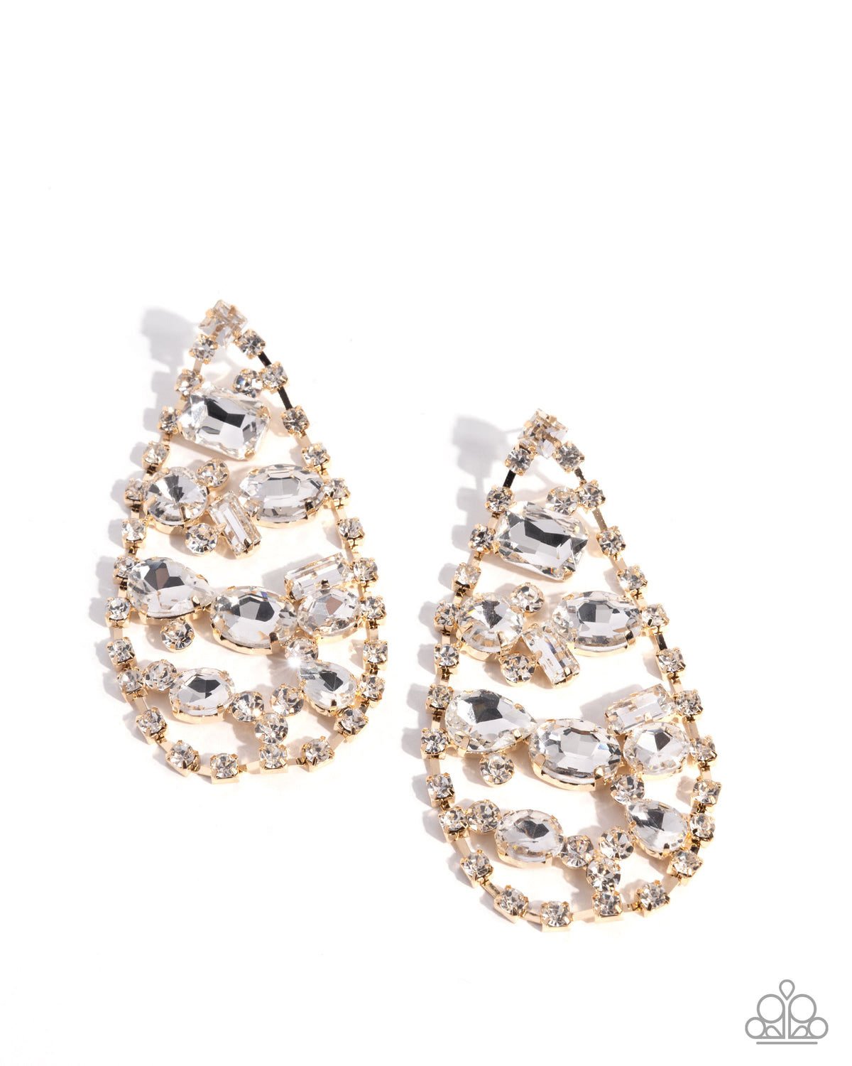 Giant Glitter Gold & White Gem Earrings - Paparazzi Accessories- lightbox - CarasShop.com - Paparazzi Jewelry by Cara Jewels