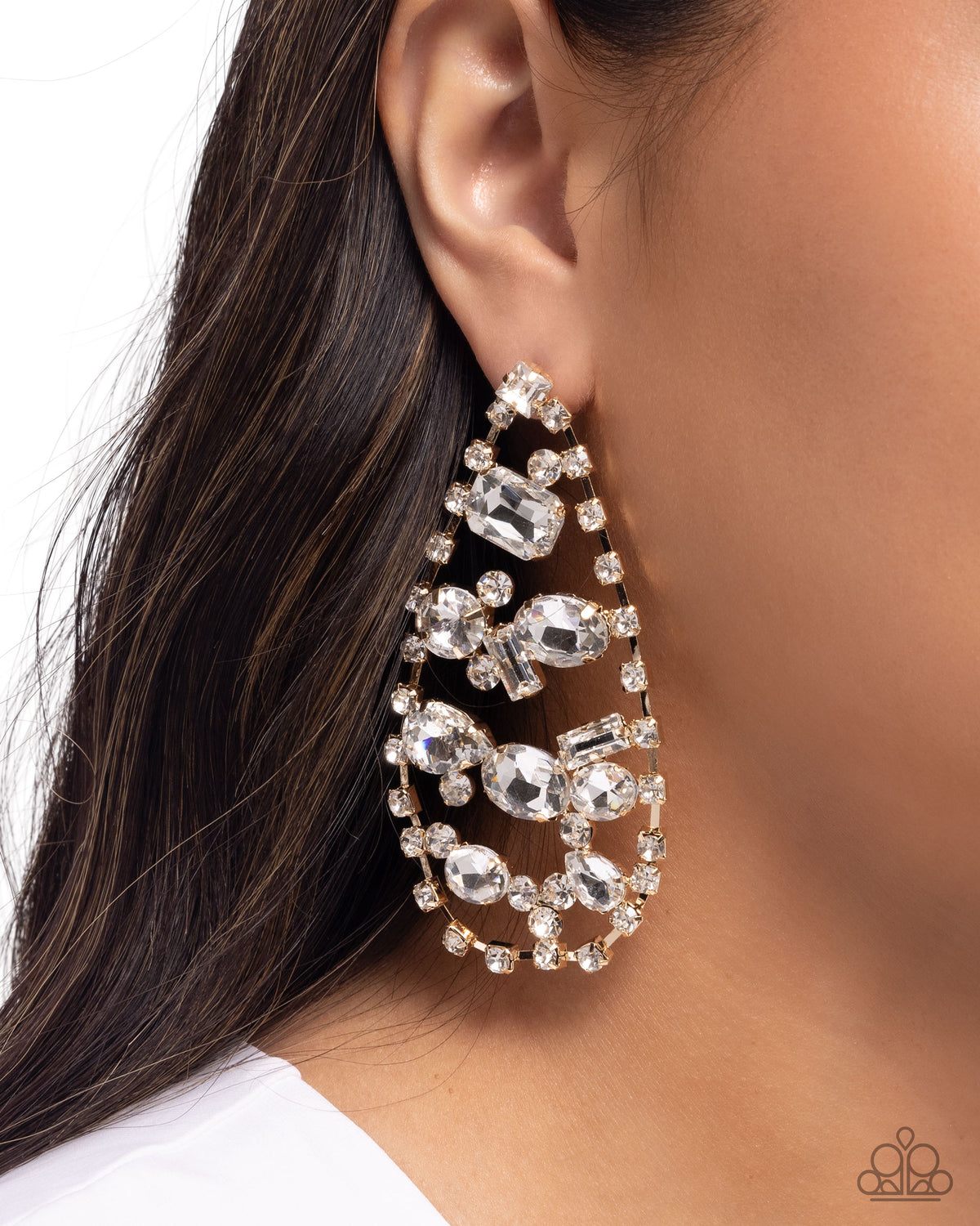 Giant Glitter Gold & White Gem Earrings - Paparazzi Accessories- on model - CarasShop.com - Paparazzi Jewelry by Cara Jewels