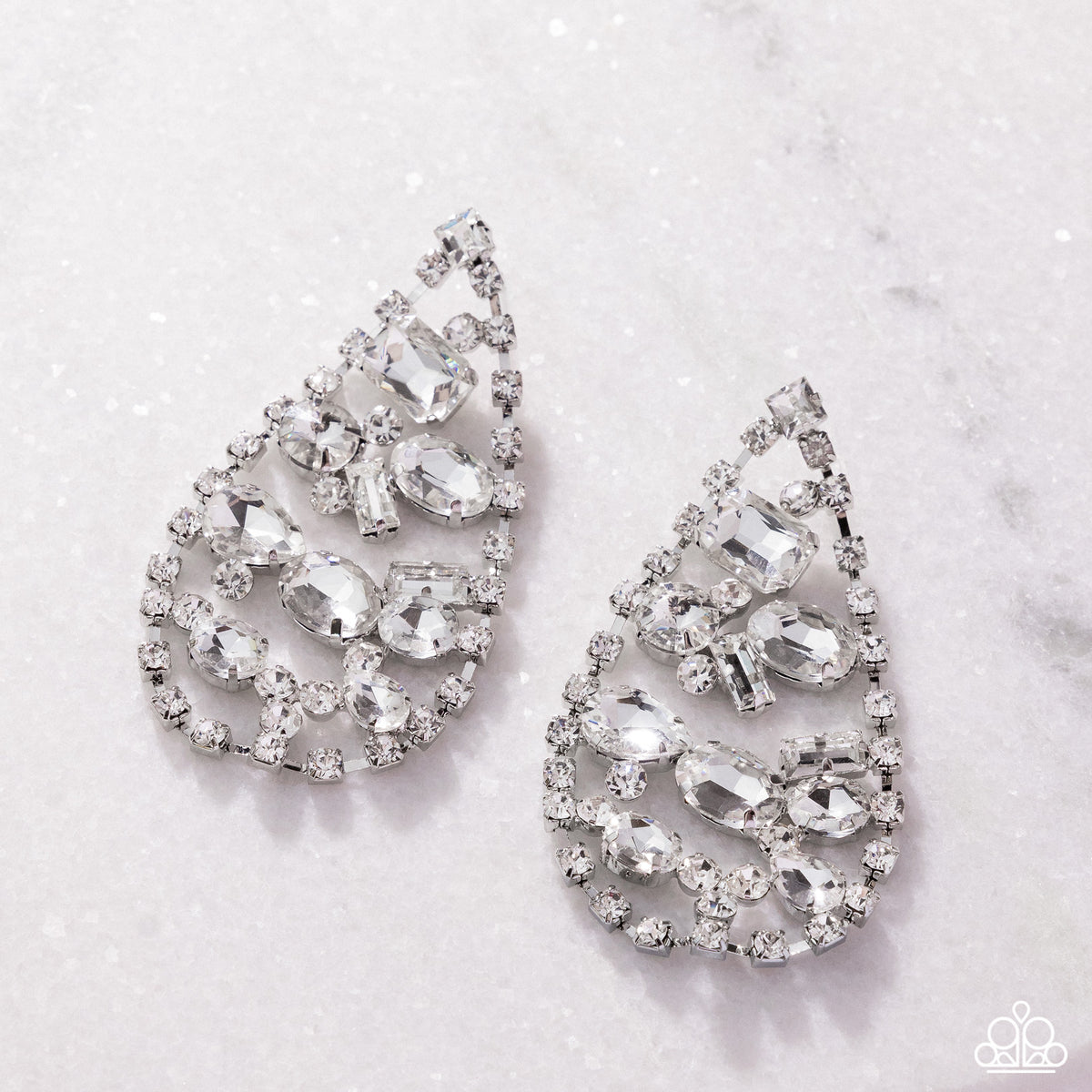 Giant Glitter White Rhinestone Earrings - Paparazzi Accessories- flat lay - CarasShop.com - Paparazzi Jewelry by Cara Jewels