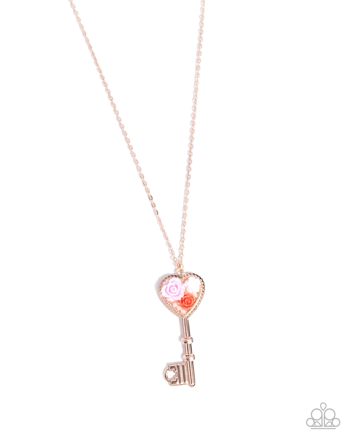 Gifted Garden Gold & Pink Floral Key Necklace and Earrings Set - Paparazzi Accessories-on model - CarasShop.com - Paparazzi Jewelry by Cara Jewels