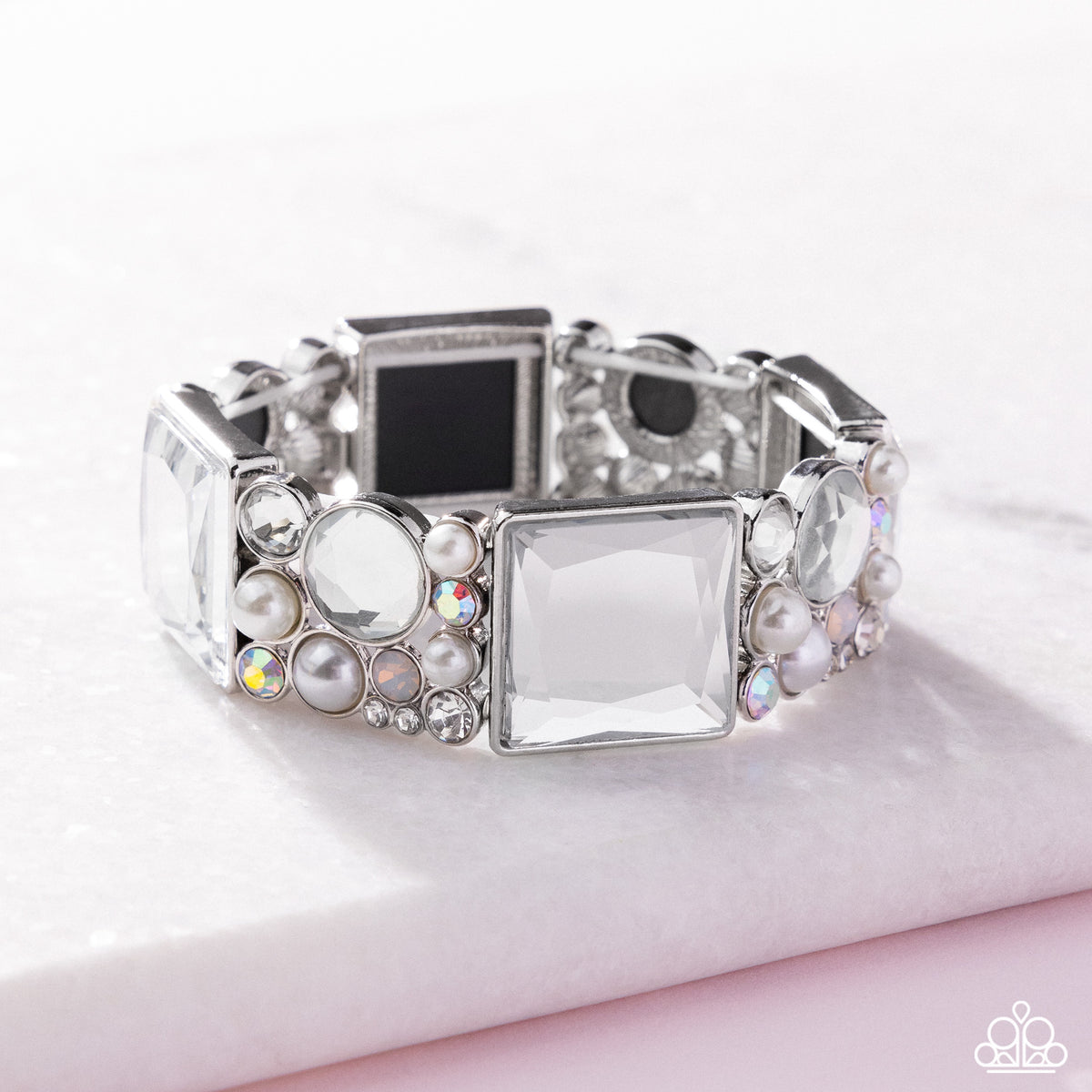 Glam to the Max White & Silver Bracelet - Paparazzi Accessories- flat lay - CarasShop.com - Paparazzi Jewelry by Cara Jewels