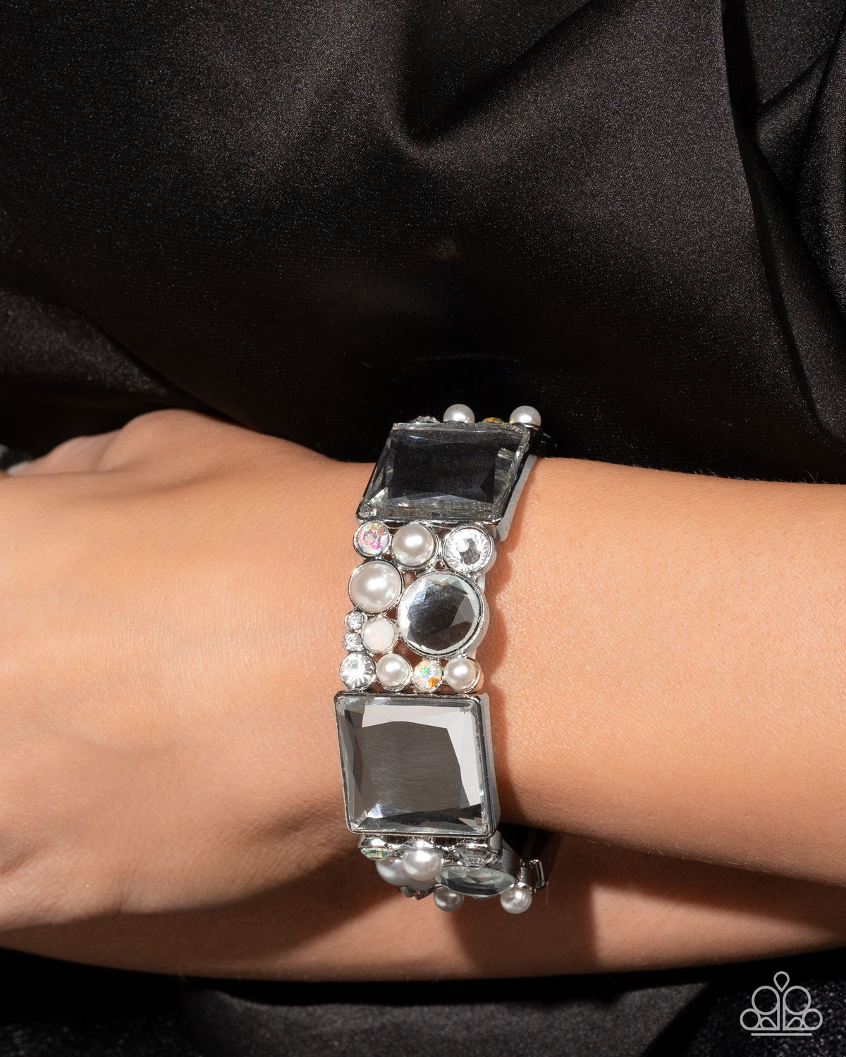 Glam to the Max White & Silver Bracelet - Paparazzi Accessories- on model - CarasShop.com - Paparazzi Jewelry by Cara Jewels