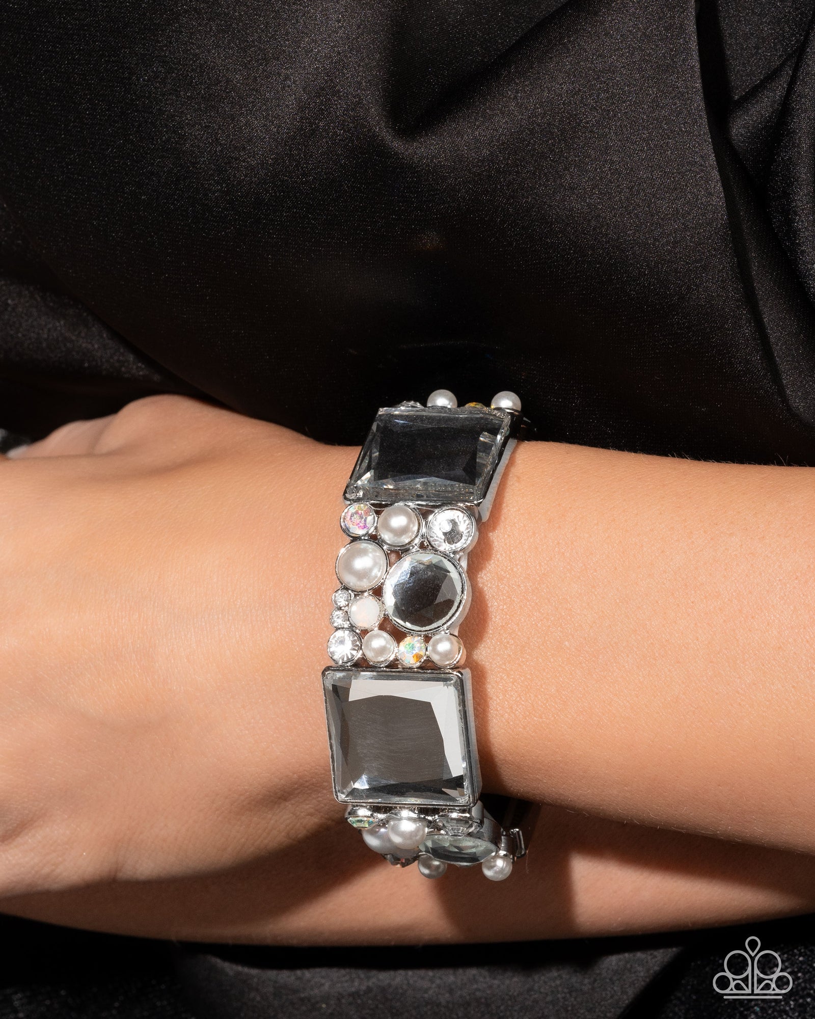 Glam to the Max White & Silver Bracelet - Paparazzi Accessories- lightbox - CarasShop.com - Paparazzi Jewelry by Cara Jewels