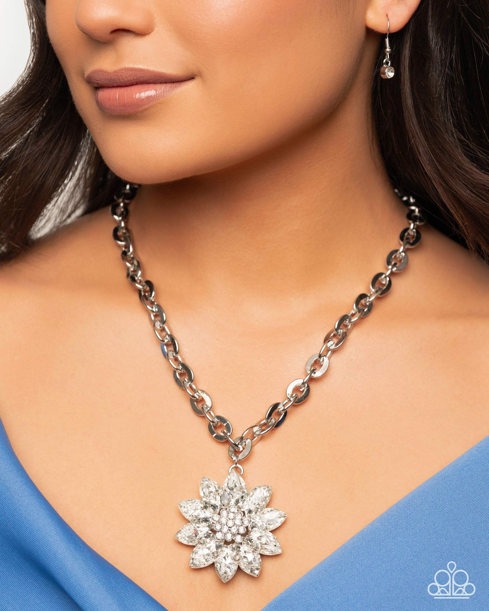 Glamorous Garden White Gem Flower Necklace - Paparazzi Accessories- lightbox - CarasShop.com - Paparazzi Jewelry by Cara Jewels