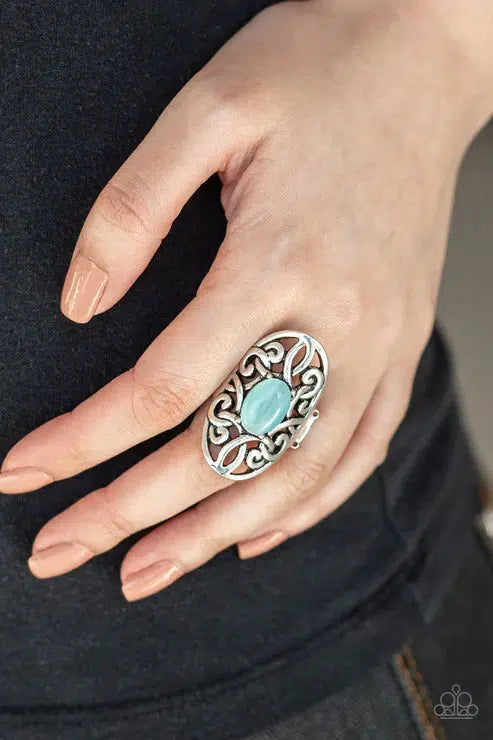 GLEAM Big Blue Moonstone Ring - Paparazzi Accessories- on model - CarasShop.com - Paparazzi Jewelry by Cara Jewels