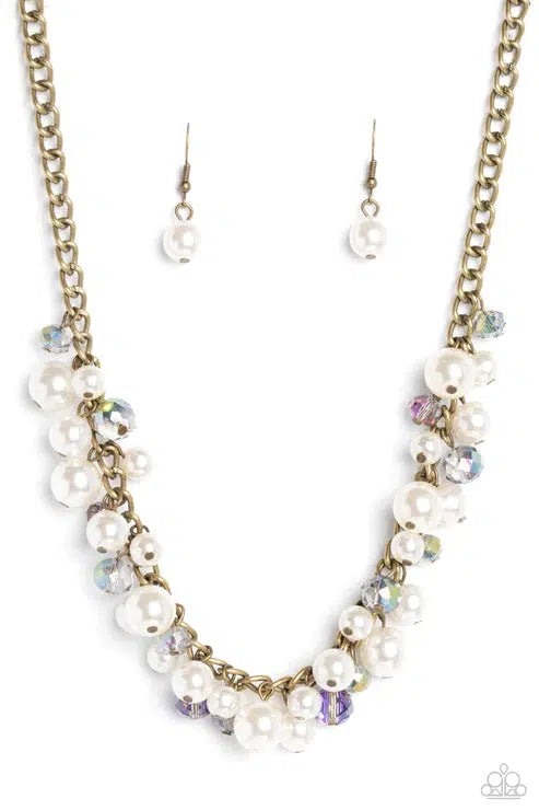 Glinting Goddess Brass & White Pearl Necklace - Paparazzi Accessories- lightbox - CarasShop.com - Paparazzi Jewelry by Cara Jewels