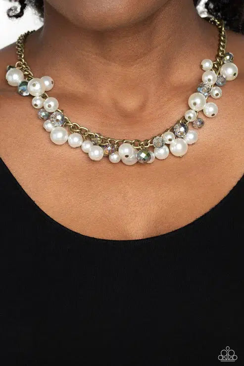 Glinting Goddess Brass & White Pearl Necklace - Paparazzi Accessories- on model - CarasShop.com - Paparazzi Jewelry by Cara Jewels