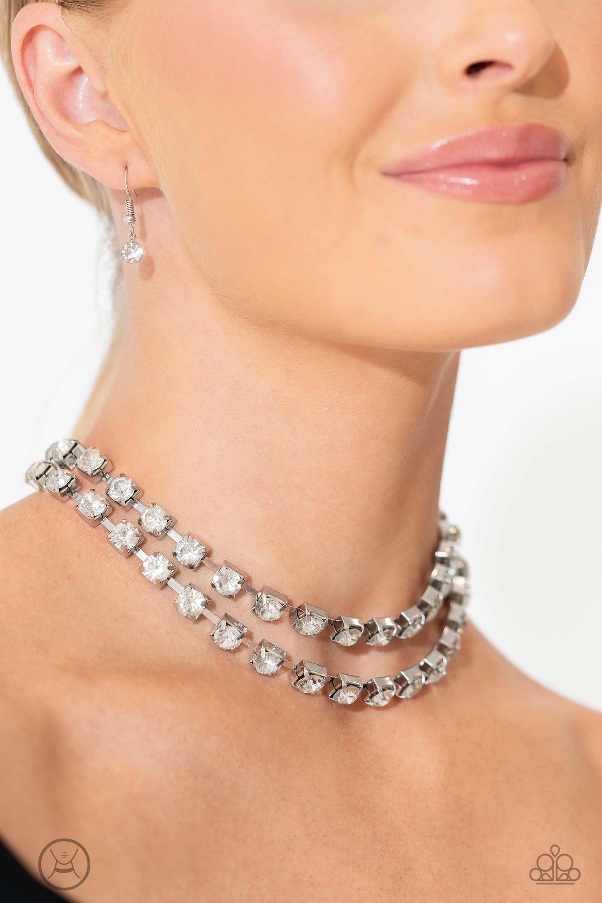 Glistening Gallery White Rhinestone Choker Necklace - Paparazzi Accessories- on model - CarasShop.com - Paparazzi Jewelry by Cara Jewels