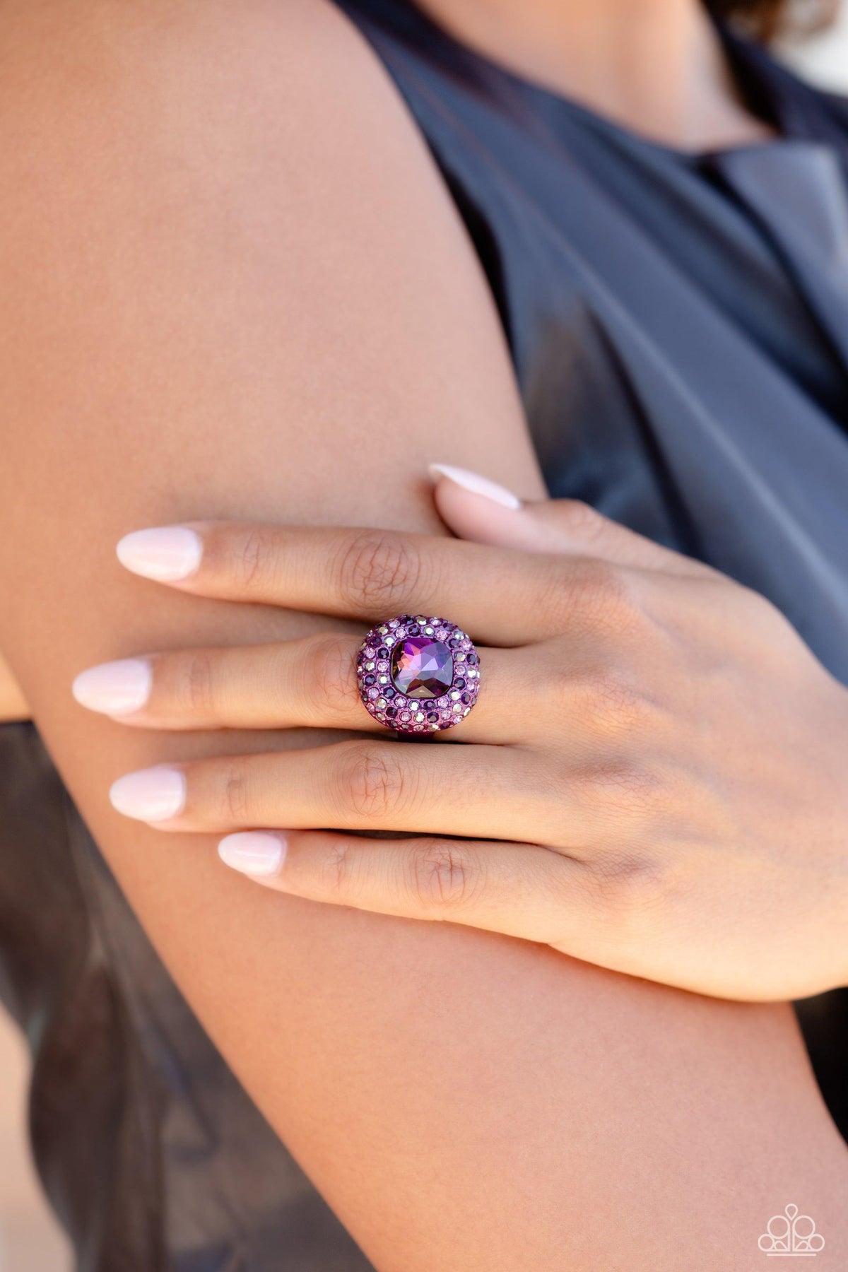 Glistening Grit Purple Rhinestone Ring - Paparazzi Accessories- on model - CarasShop.com - Paparazzi Jewelry by Cara Jewels