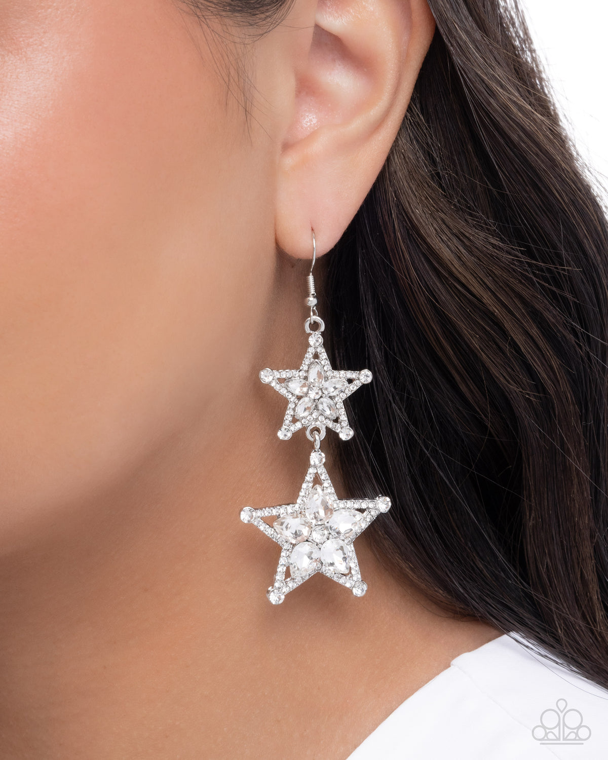 Glittery Galaxy White Gem Star Earrings - Paparazzi Accessories-on model - CarasShop.com - Paparazzi Jewelry by Cara Jewels