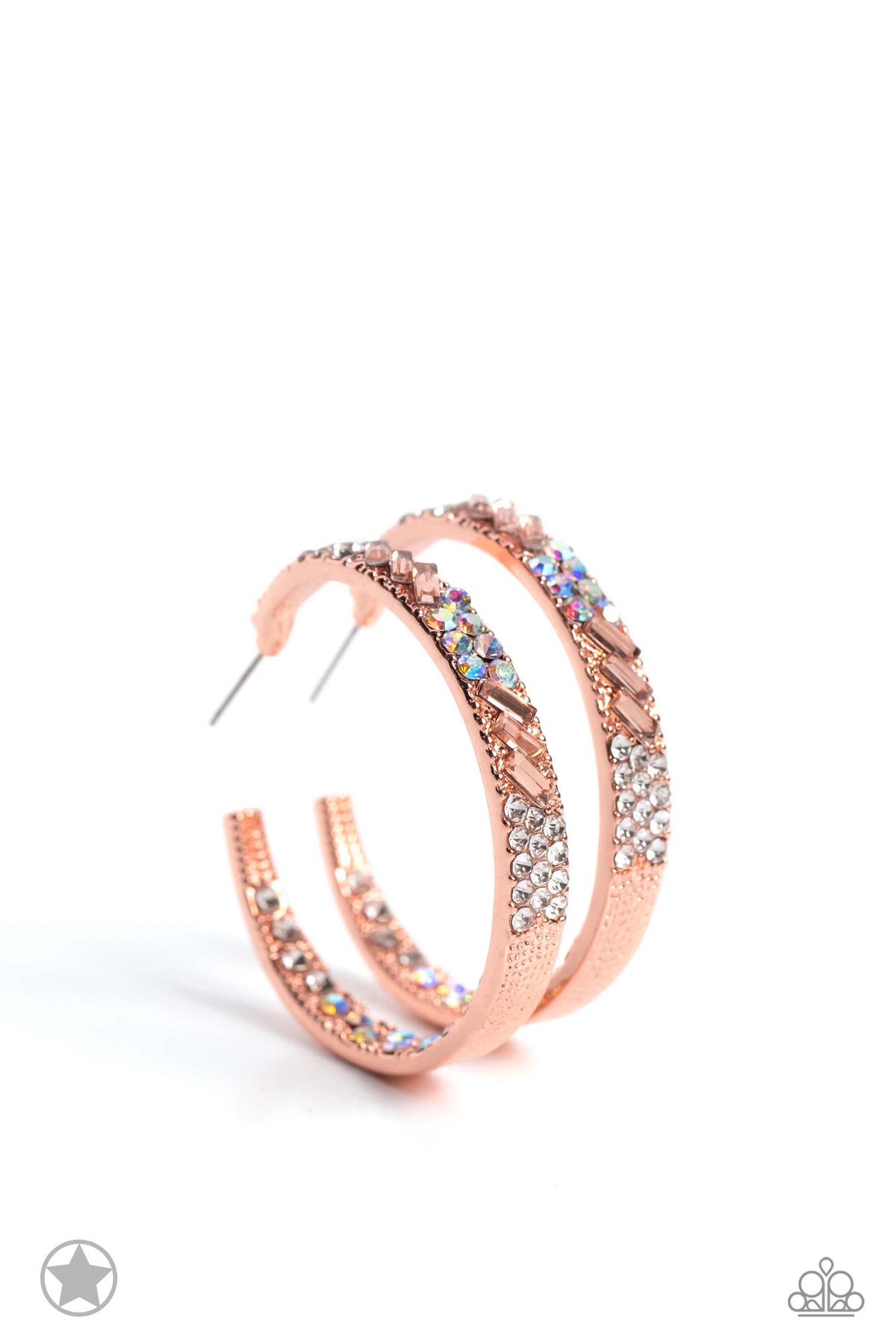 Glitzy by Association Copper & White Rhinestone Hoop Earrings - Paparazzi Accessories- lightbox - CarasShop.com - Paparazzi Jewelry by Cara Jewels