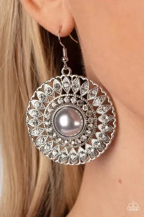 Glorified Glitz Silver Earrings - Paparazzi Accessories-on model - CarasShop.com - Paparazzi Jewelry by Cara Jewels