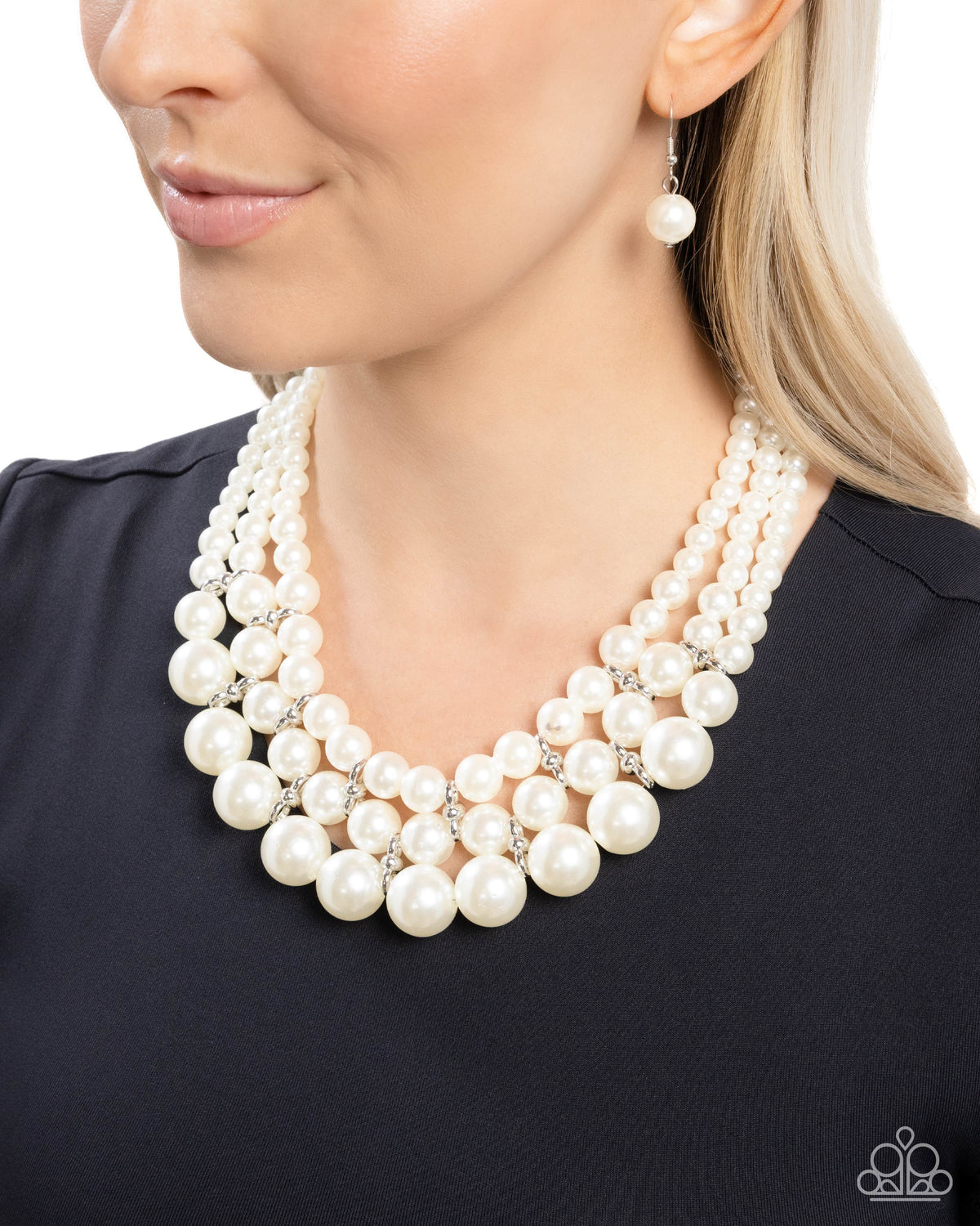 Glossy Gala White Pearl Necklace - Paparazzi Accessories- on model - CarasShop.com - Paparazzi Jewelry by Cara Jewels