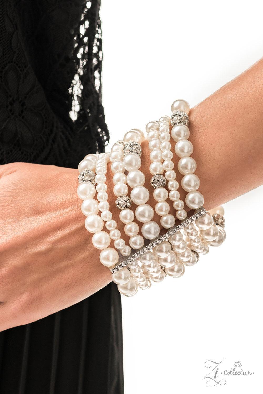 GLOW-ology White Pearl & Rhinestone Zi Collection Bracelet - Paparazzi Accessories- on model - CarasShop.com - Paparazzi Jewelry by Cara Jewels