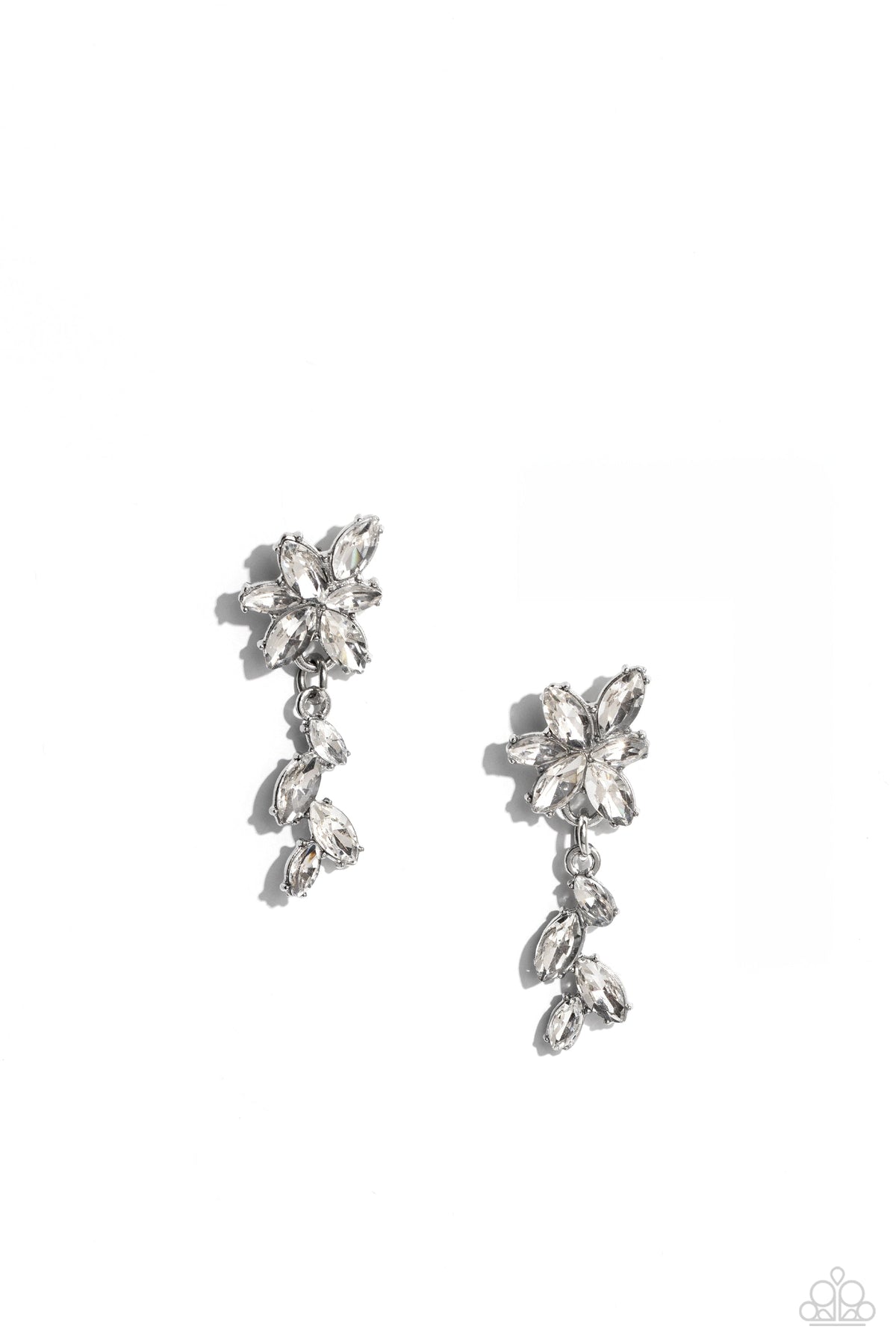 Goddess Grove White Rhinestone Earrings - Paparazzi Accessories- lightbox - CarasShop.com - Paparazzi Jewelry by Cara Jewels