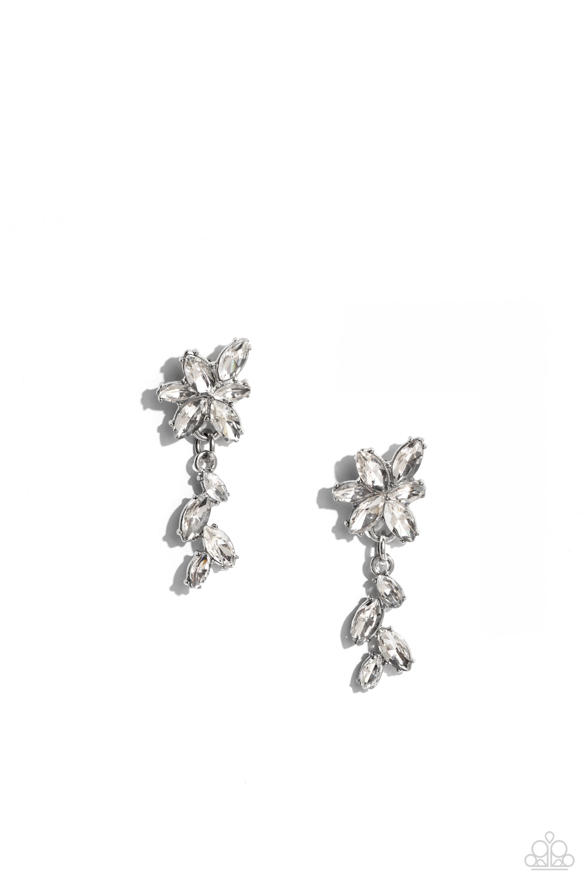 Goddess Grove White Rhinestone Earrings - Paparazzi Accessories- lightbox - CarasShop.com - Paparazzi Jewelry by Cara Jewels