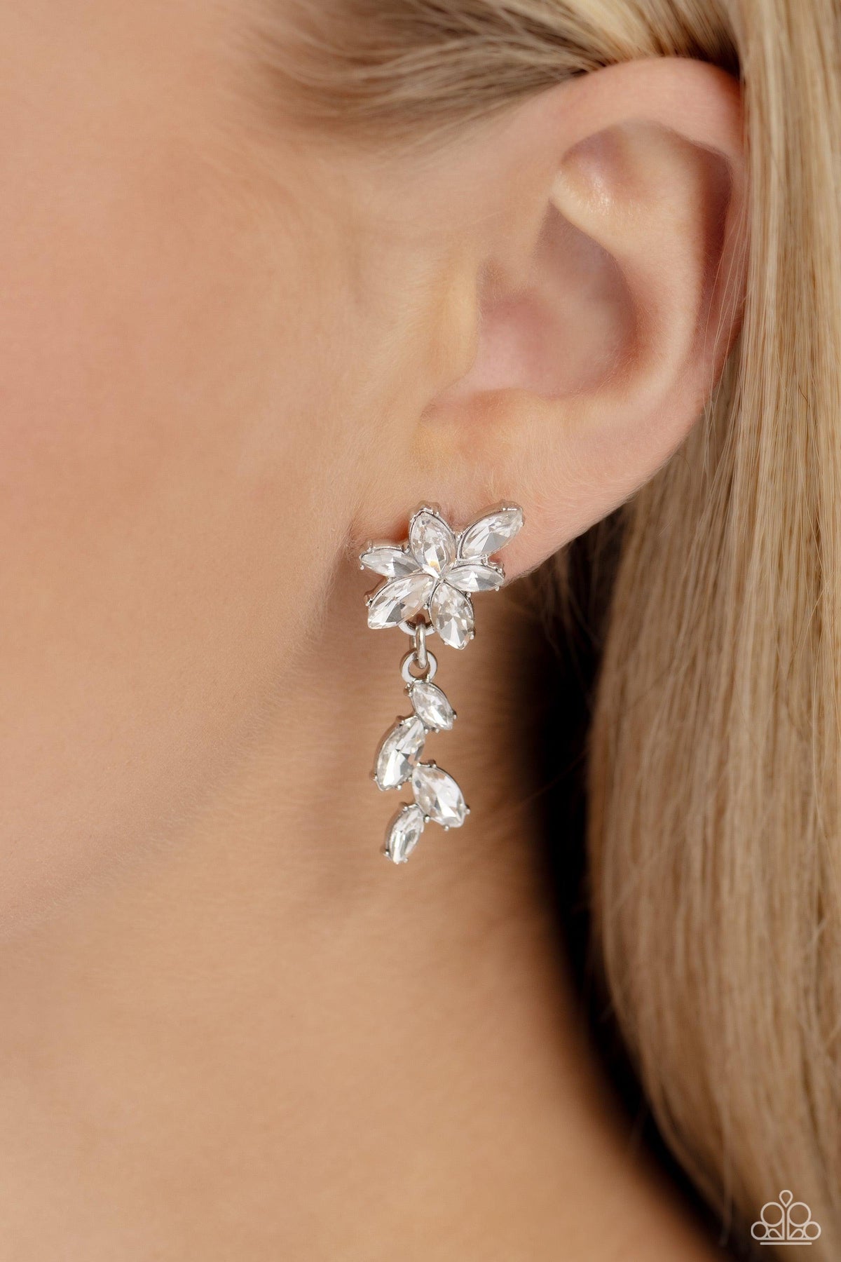 Goddess Grove White Rhinestone Earrings - Paparazzi Accessories- on model - CarasShop.com - Paparazzi Jewelry by Cara Jewels