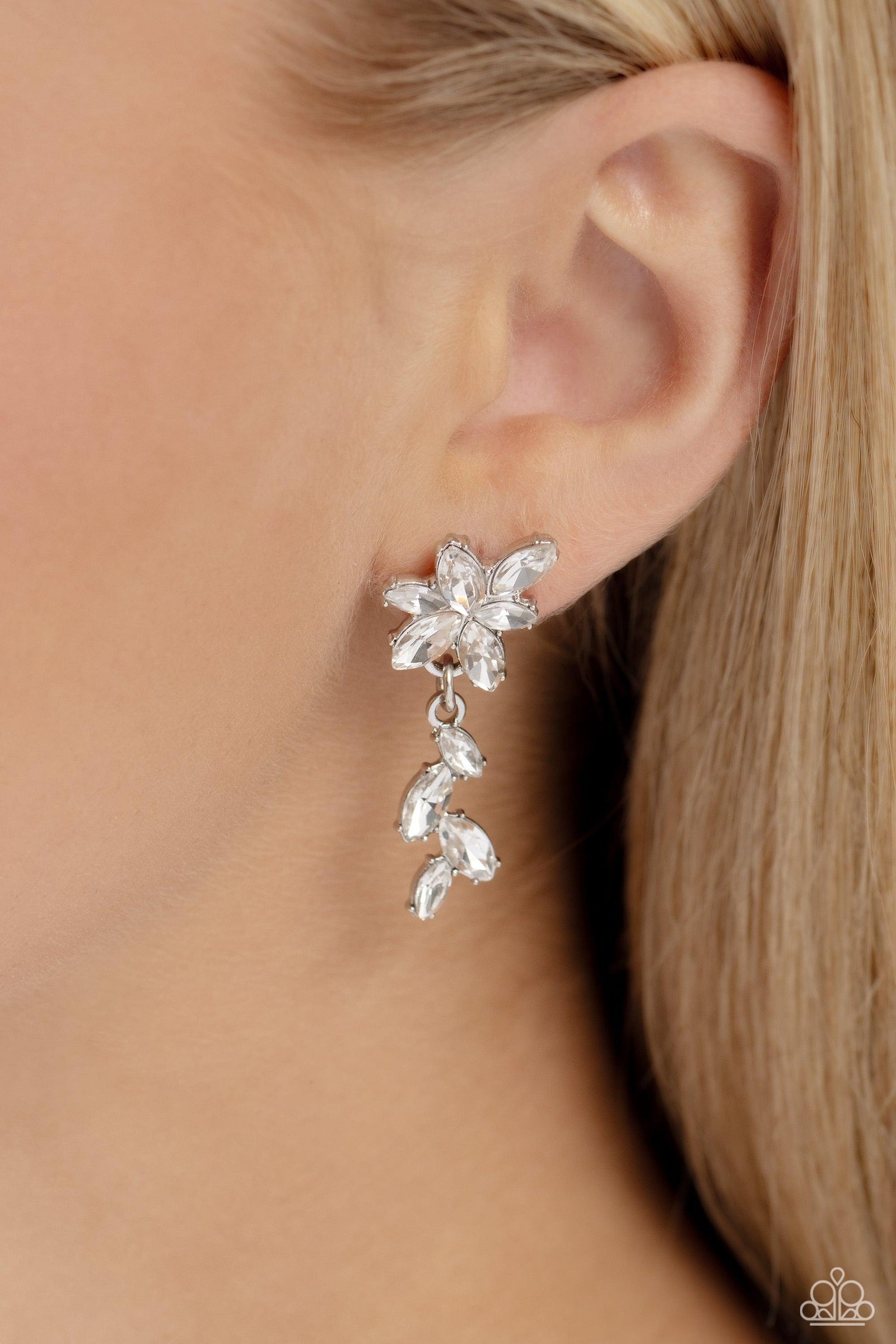 Goddess Grove White Rhinestone Earrings - Paparazzi Accessories- lightbox - CarasShop.com - Paparazzi Jewelry by Cara Jewels