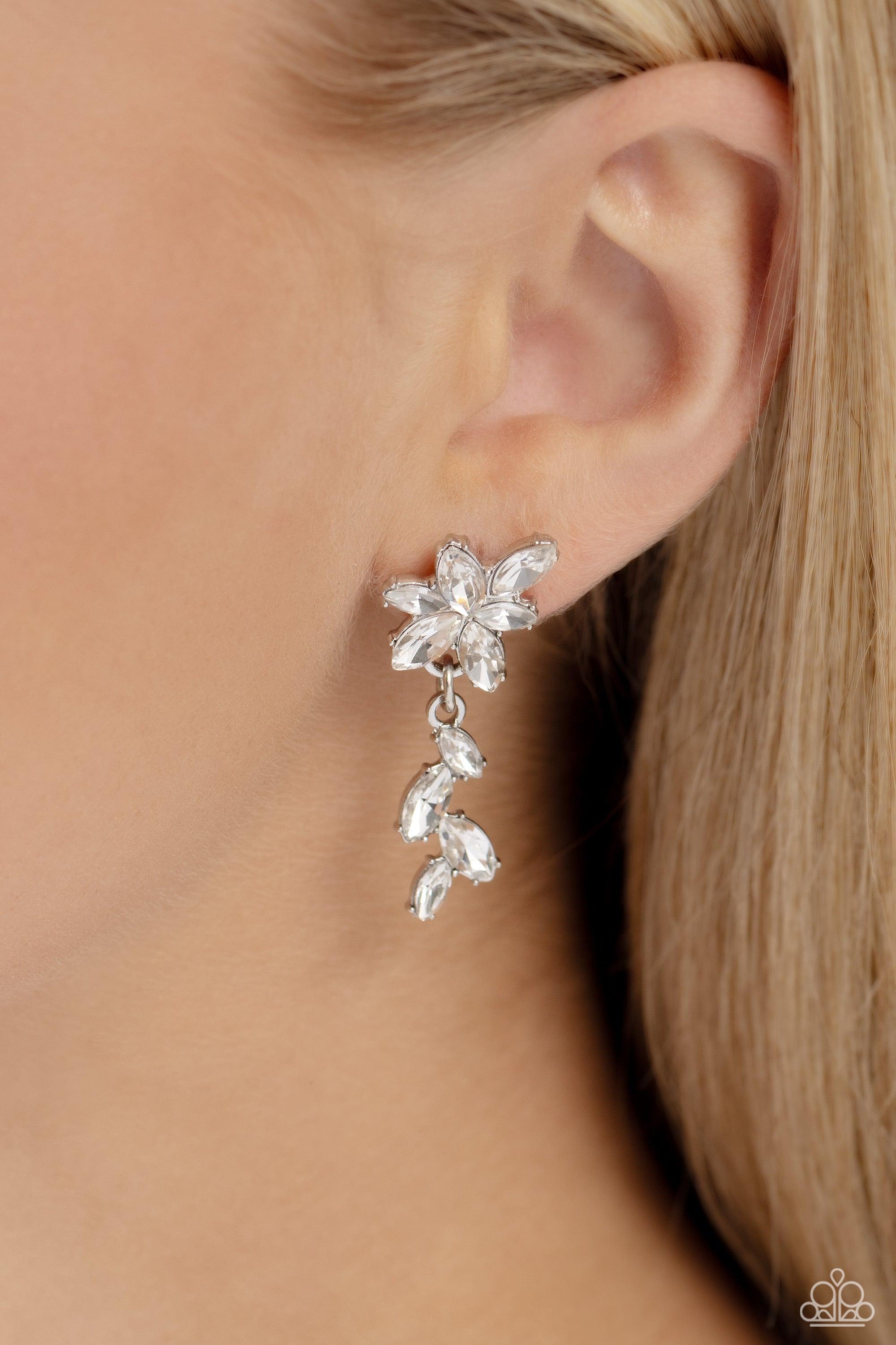 Goddess Grove White Rhinestone Earrings - Paparazzi Accessories- lightbox - CarasShop.com - Paparazzi Jewelry by Cara Jewels