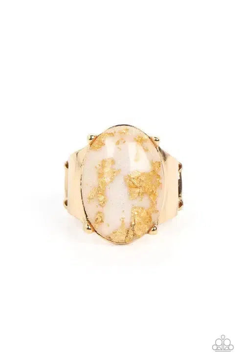 Gold Leaf Glam White Ring - Paparazzi Accessories- lightbox - CarasShop.com - Paparazzi Jewelry by Cara Jewels