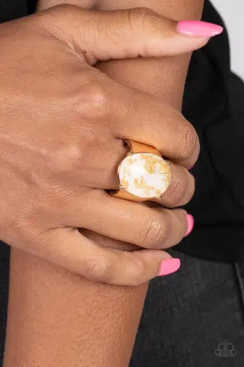 Gold Leaf Glam White Ring - Paparazzi Accessories-on model - CarasShop.com - Paparazzi Jewelry by Cara Jewels