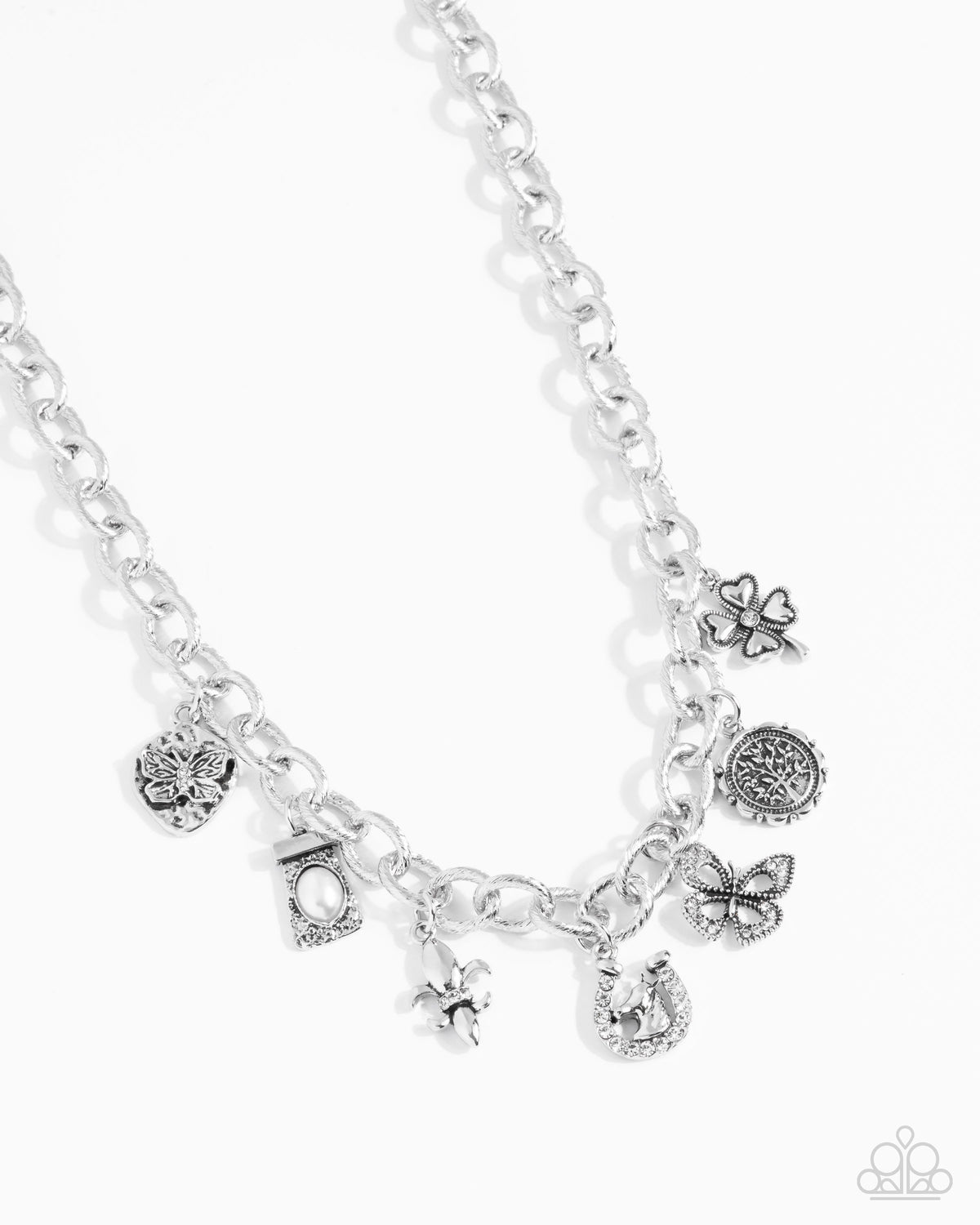 Good Luck To You White Rhinestone & Silver Charm Necklace - Paparazzi Accessories- lightbox - CarasShop.com - Paparazzi Jewelry by Cara Jewels