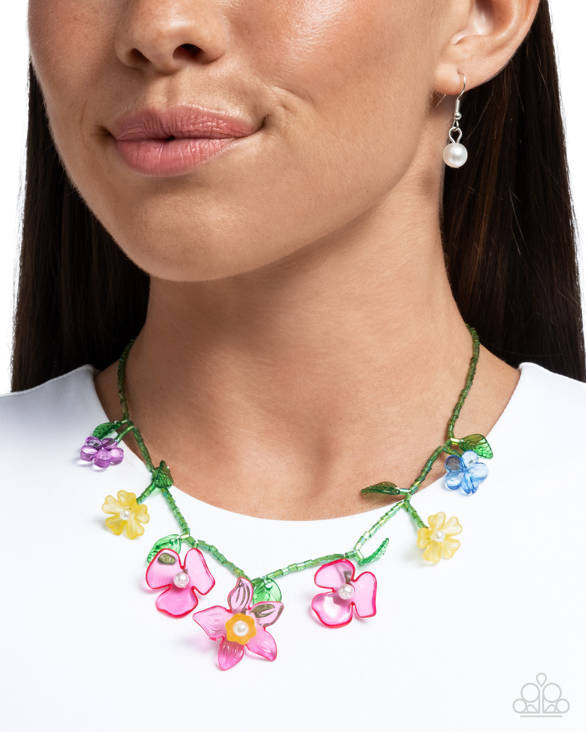 Gourmet Garden Pink Floral Necklace - Paparazzi Accessories- on model - CarasShop.com - Paparazzi Jewelry by Cara Jewels