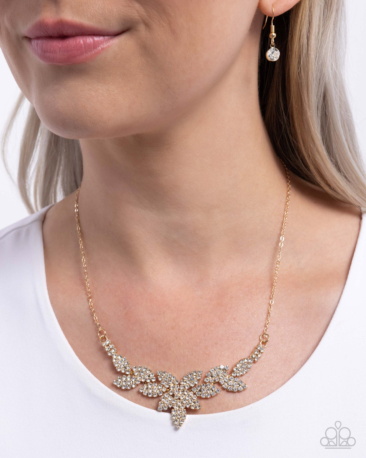 Graceful Genre Gold & White Rhinestone Necklace - Paparazzi Accessories- on model - CarasShop.com - Paparazzi Jewelry by Cara Jewels