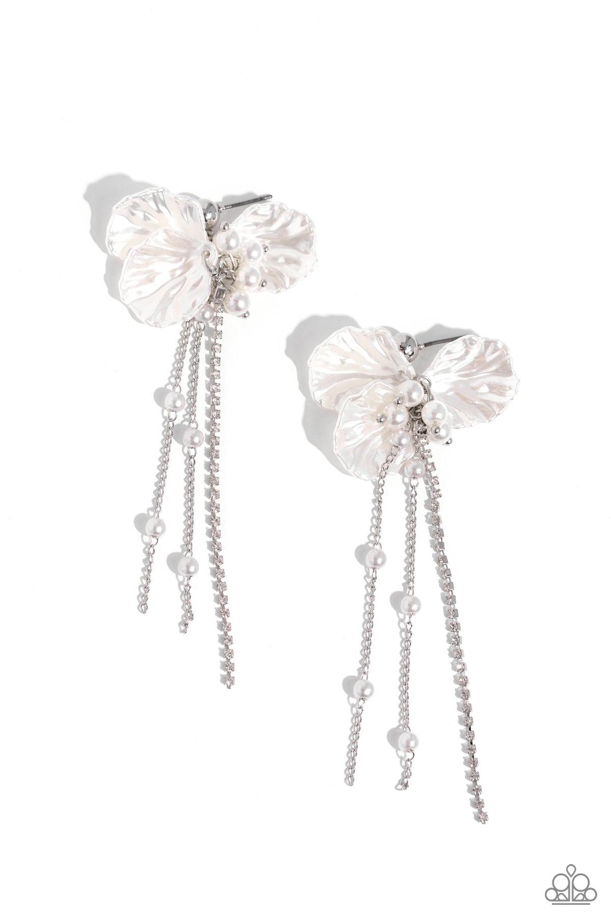 Graceful Gesture White Petal, Rhinestone and Pearl Earrings - Paparazzi Accessories- lightbox - CarasShop.com - Paparazzi Jewelry by Cara Jewels