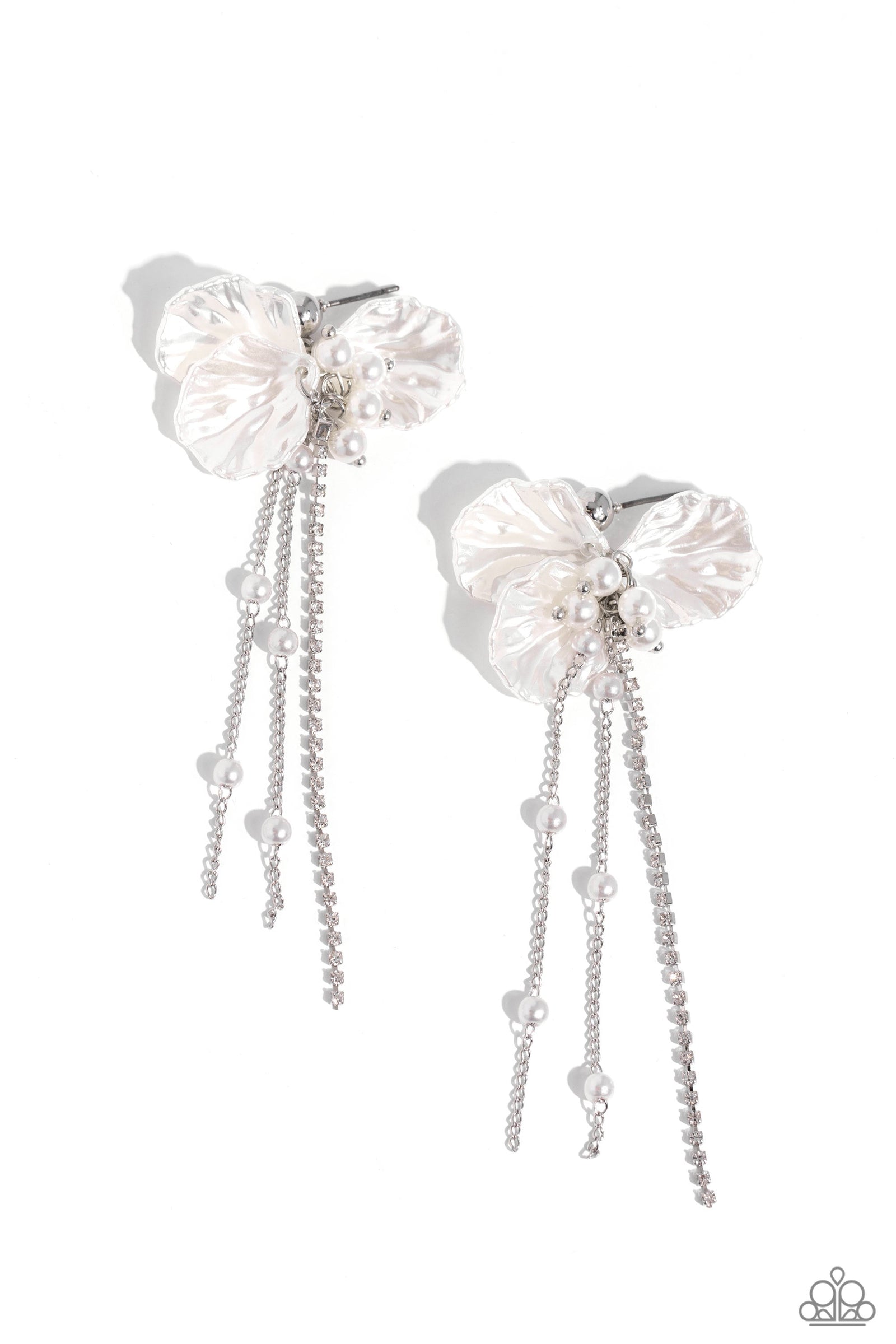 Graceful Gesture White Petal, Rhinestone and Pearl Earrings - Paparazzi Accessories- lightbox - CarasShop.com - Paparazzi Jewelry by Cara Jewels