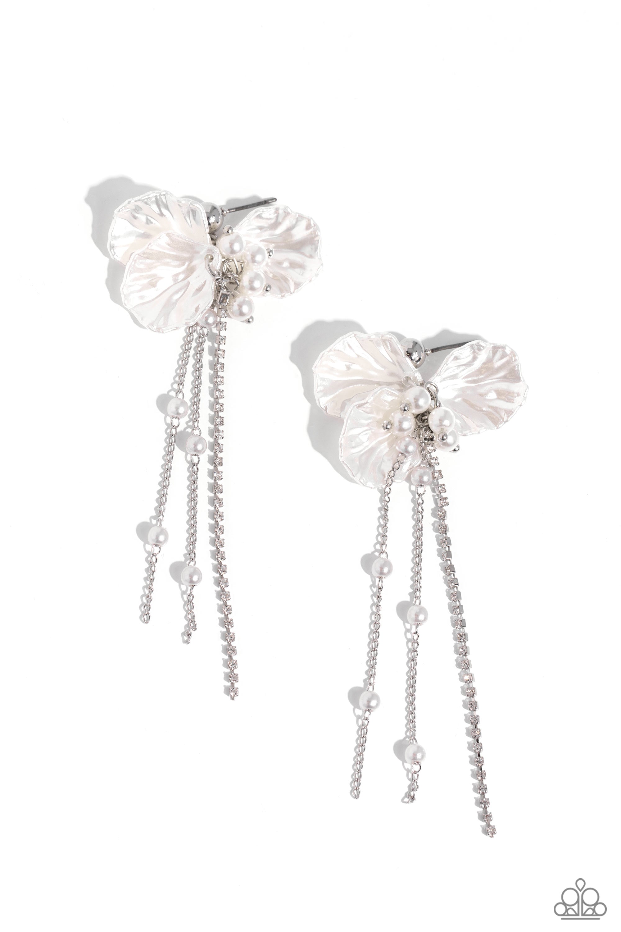 Graceful Gesture White Petal, Rhinestone and Pearl Earrings - Paparazzi Accessories- lightbox - CarasShop.com - Paparazzi Jewelry by Cara Jewels