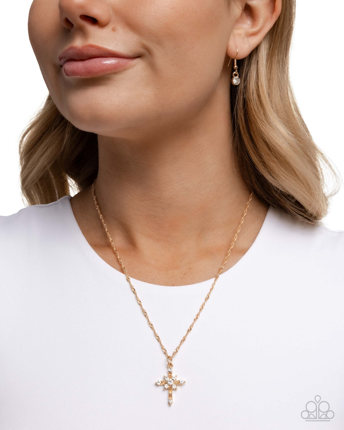 Graceful Glory Gold Cross Necklace - Paparazzi Accessories- on model - CarasShop.com - Paparazzi Jewelry by Cara Jewels