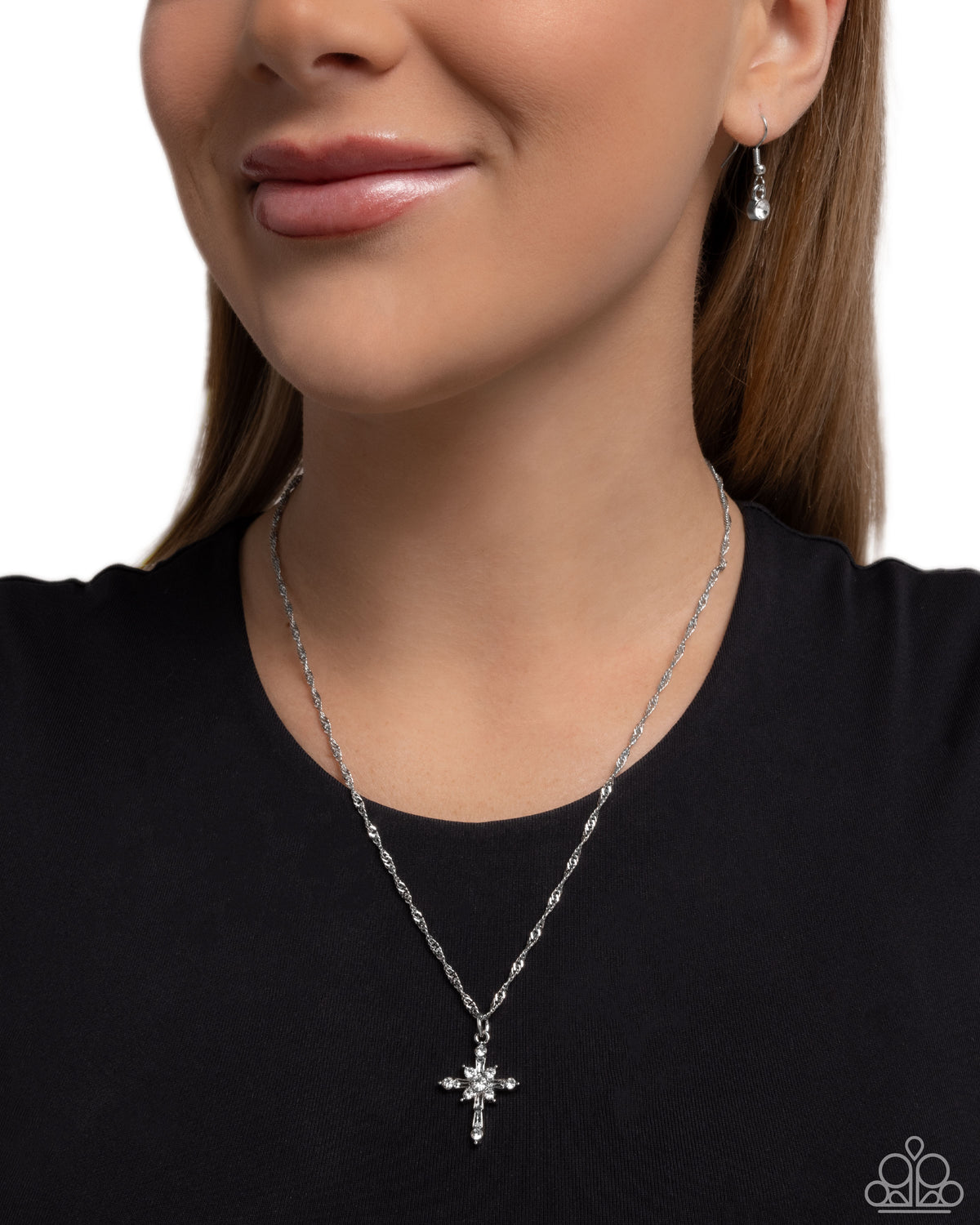 Graceful Glory White Rhinestone Cross Necklace - Paparazzi Accessories-on model - CarasShop.com - Paparazzi Jewelry by Cara Jewels