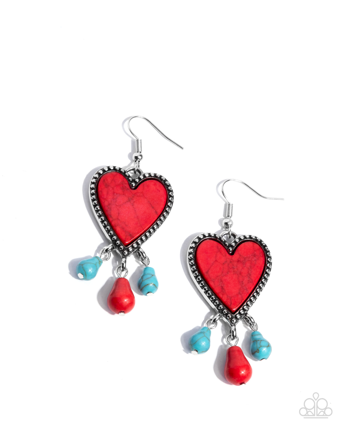 Grandiose Gaze Red & Turquoise Stone Heart Earrings - Paparazzi Accessories- lightbox - CarasShop.com - Paparazzi Jewelry by Cara Jewels