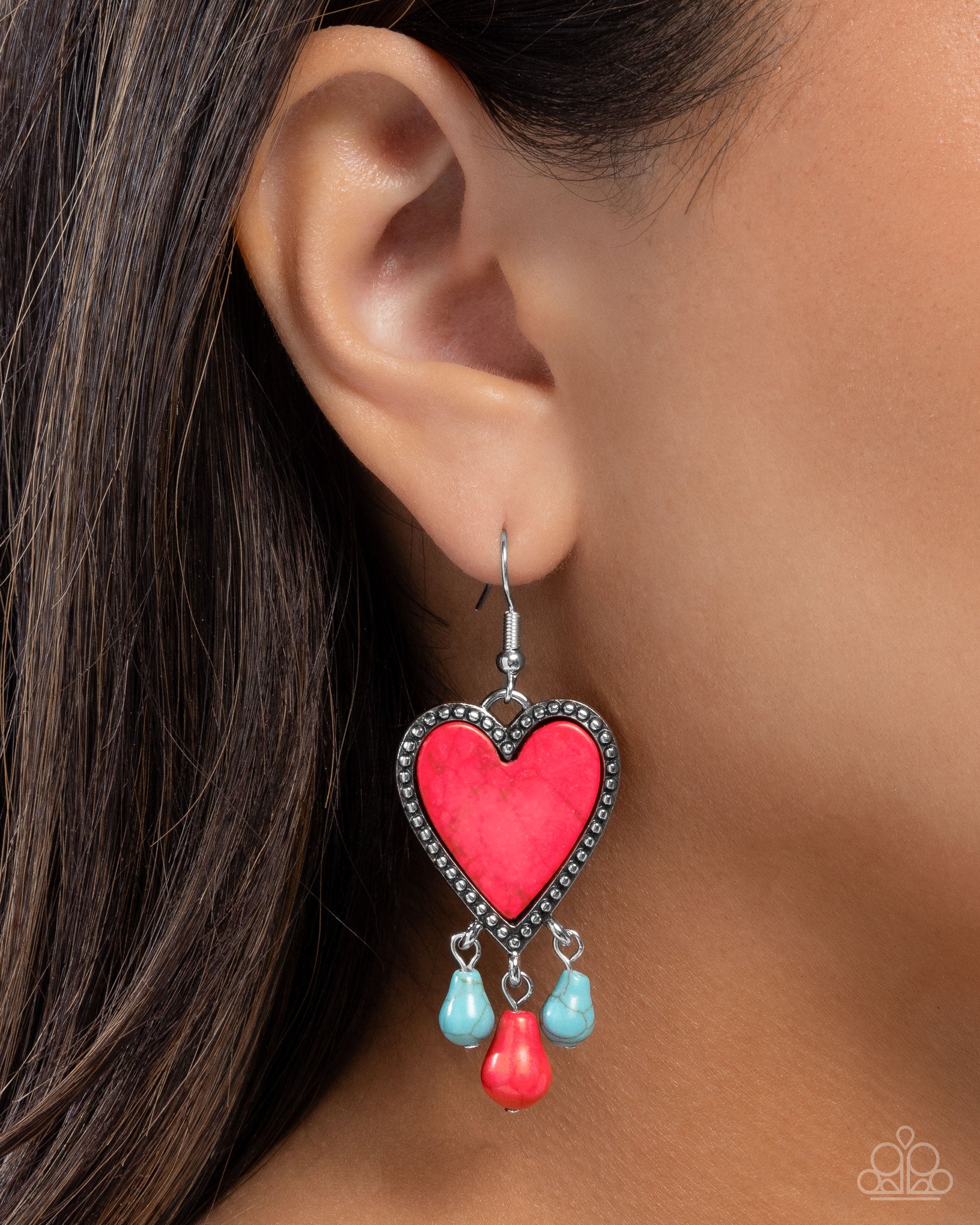 Grandiose Gaze Red & Turquoise Stone Heart Earrings - Paparazzi Accessories- lightbox - CarasShop.com - Paparazzi Jewelry by Cara Jewels