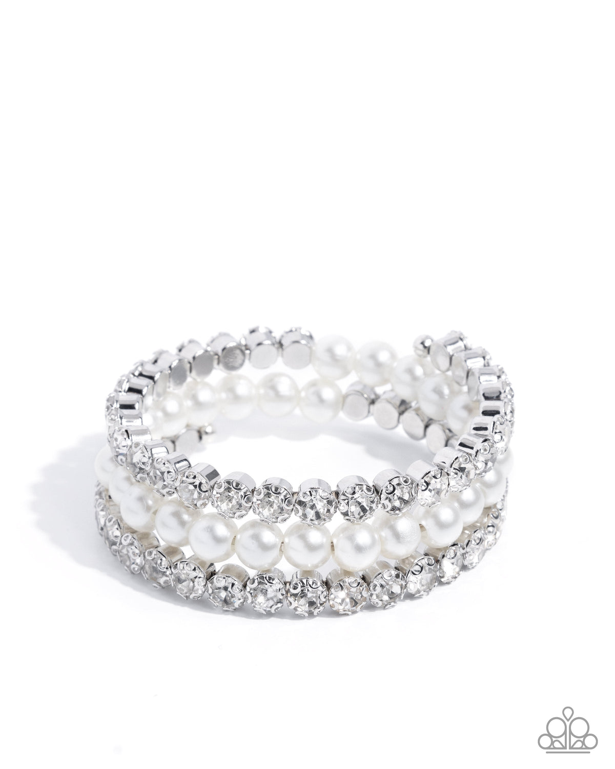 Grandiose Glitz White Rhinestone & Pearl Coil Bracelet - Paparazzi Accessories- lightbox - CarasShop.com - Paparazzi Jewelry by Cara Jewels