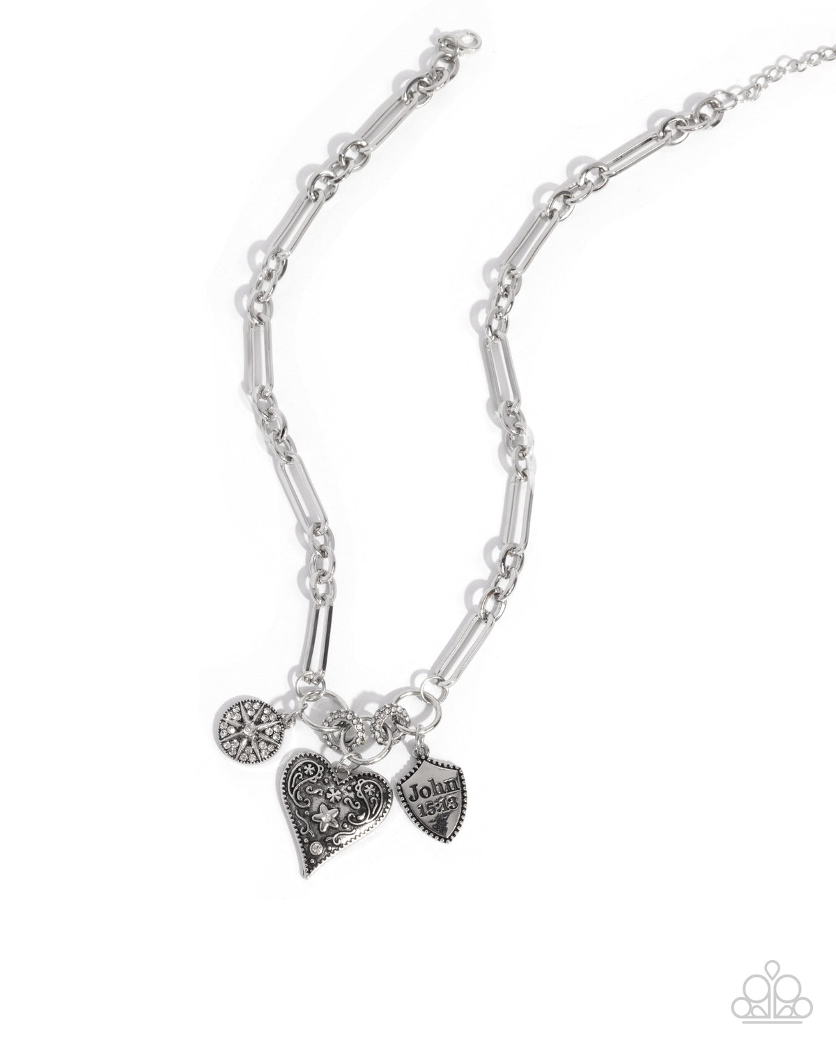 Greater Love White Rhinestone & Silver Heart Necklace - Paparazzi Accessories- lightbox - CarasShop.com - Paparazzi Jewelry by Cara Jewels