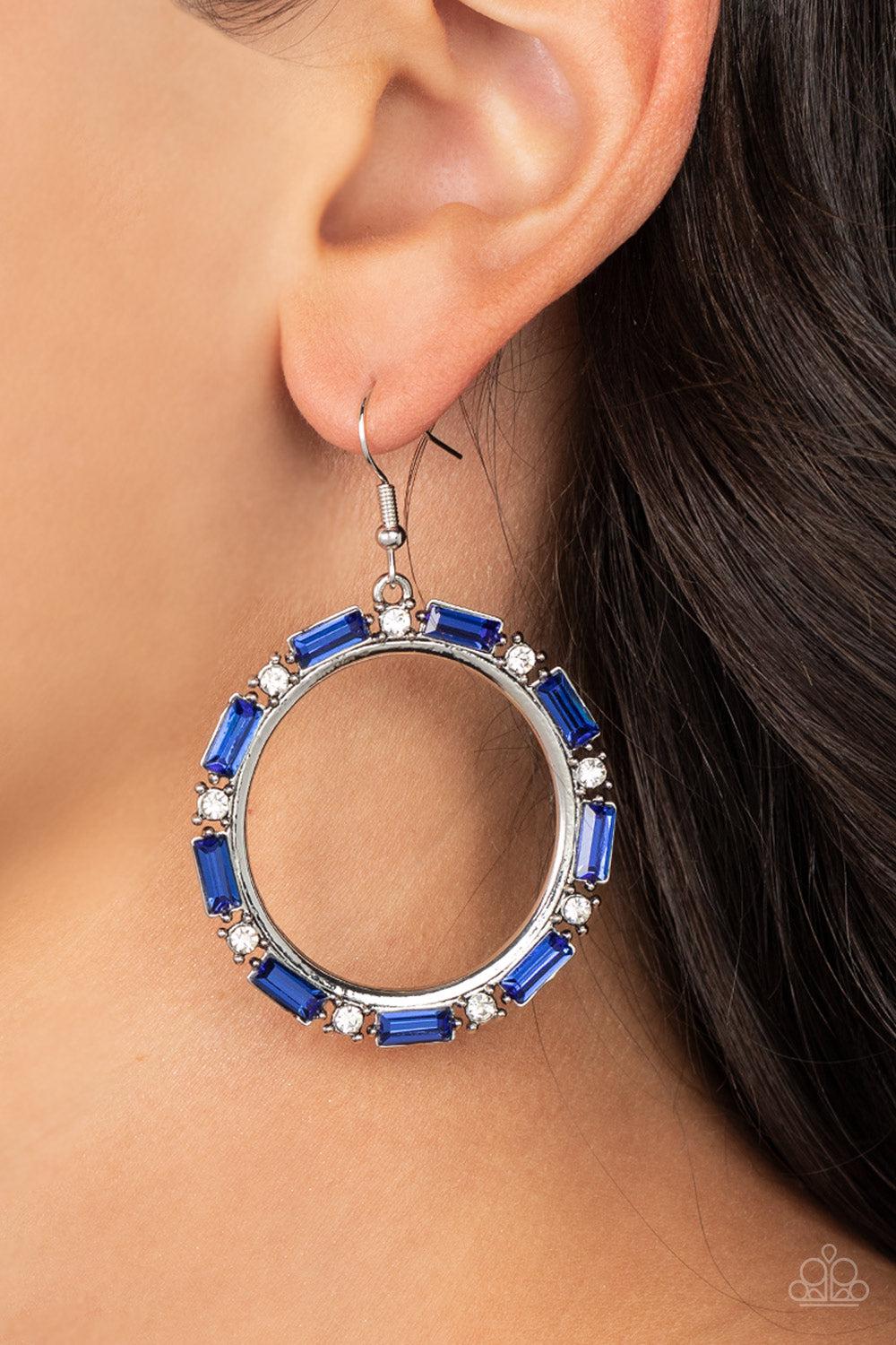 Gritty Glow Blue Rhinestone Earrings - Paparazzi Accessories- on model - CarasShop.com - Paparazzi Jewelry by Cara Jewels