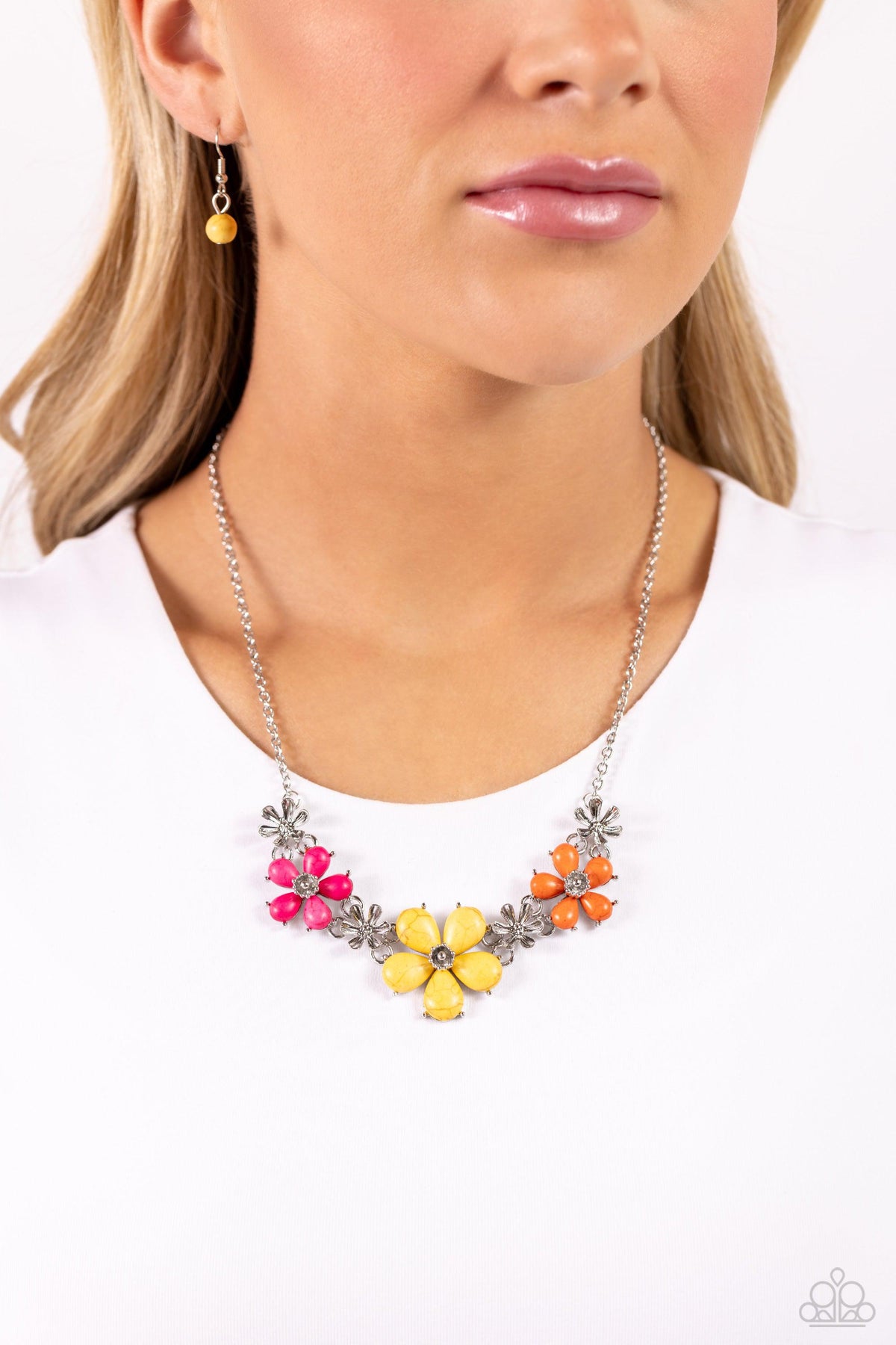 Growing Garland Yellow & Multi Stone Flower Necklace - Paparazzi Accessories- on model - CarasShop.com - Paparazzi Jewelry by Cara Jewels