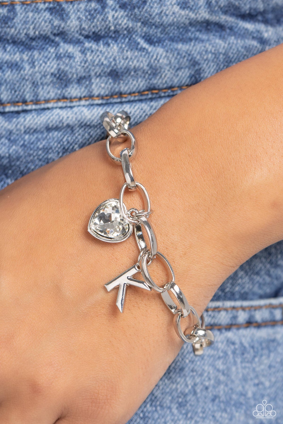 Guess Now It's INITIAL - K White Bracelet - Paparazzi Accessories- on model - CarasShop.com - Paparazzi Jewelry by Cara Jewels