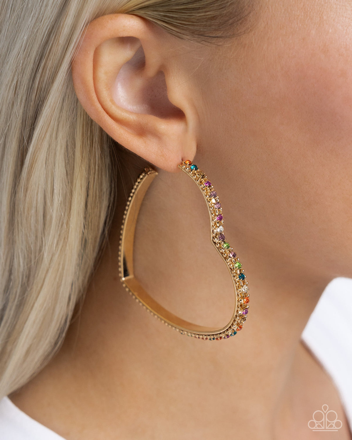 Halftime Hearts Multi & Gold Heart Hoop Earrings - Paparazzi Accessories- on model - CarasShop.com - Paparazzi Jewelry by Cara Jewels