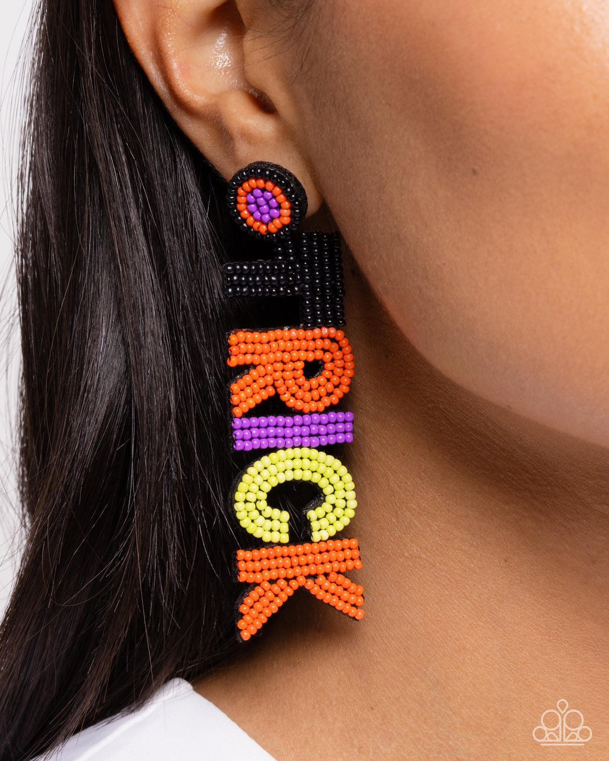 Halloween Hallmark Multi "Trick or Treat" Earrings - Paparazzi Accessories- on model - CarasShop.com - Paparazzi Jewelry by Cara Jewels