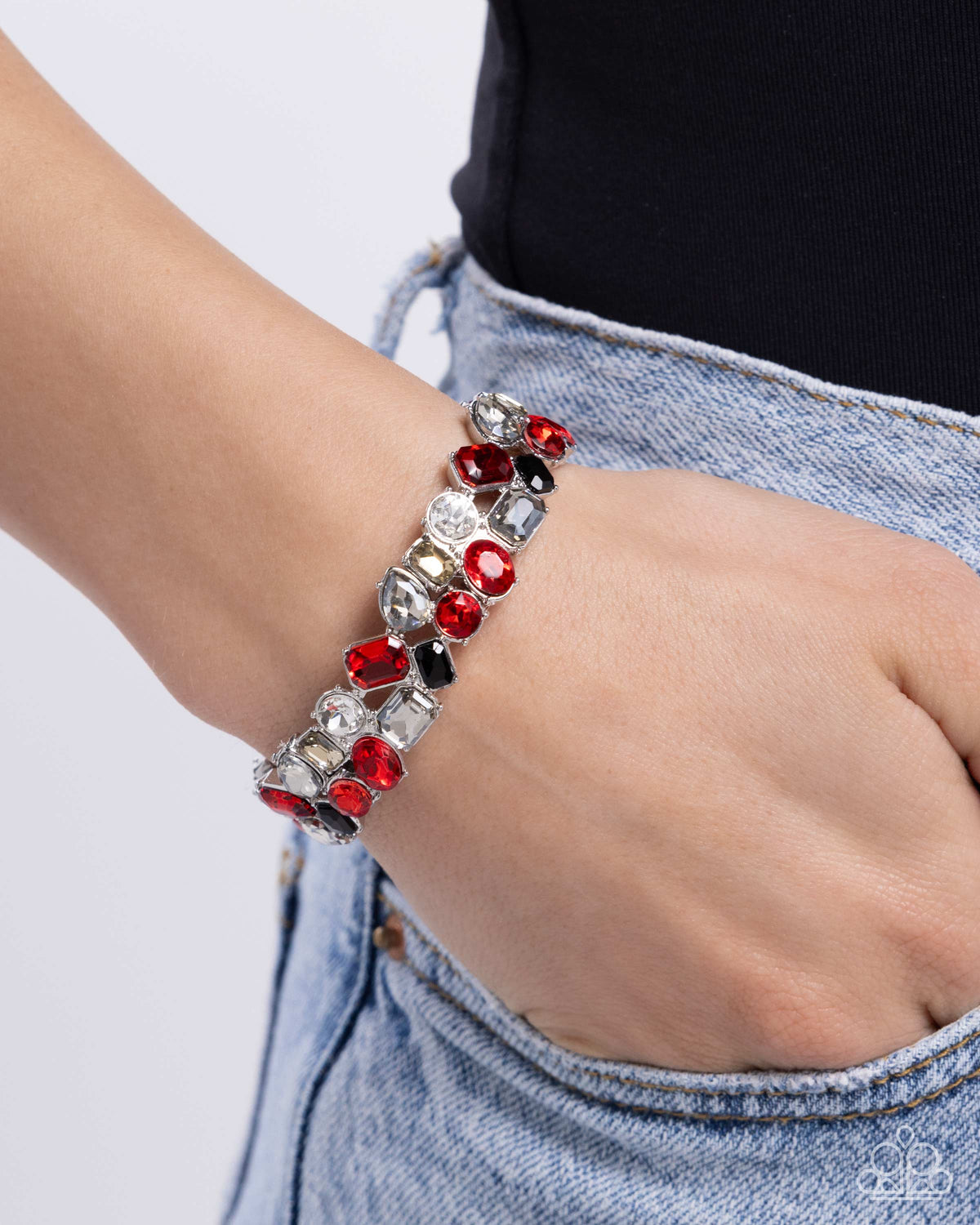 Handcrafted Haven Red, Black & White Rhinestone Bracelet - Paparazzi Accessories- on model - CarasShop.com - Paparazzi Jewelry by Cara Jewels
