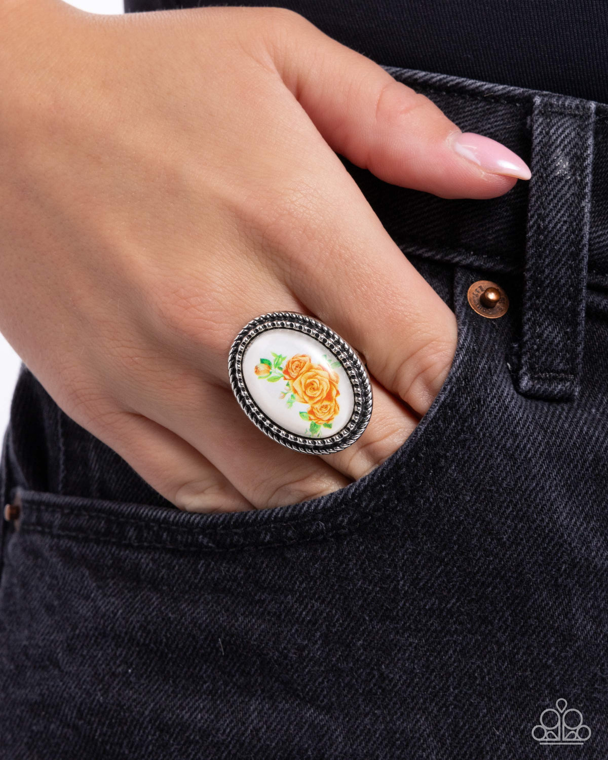 Handmade Heaven Orange Floral Ring - Paparazzi Accessories- on model - CarasShop.com - Paparazzi Jewelry by Cara Jewels