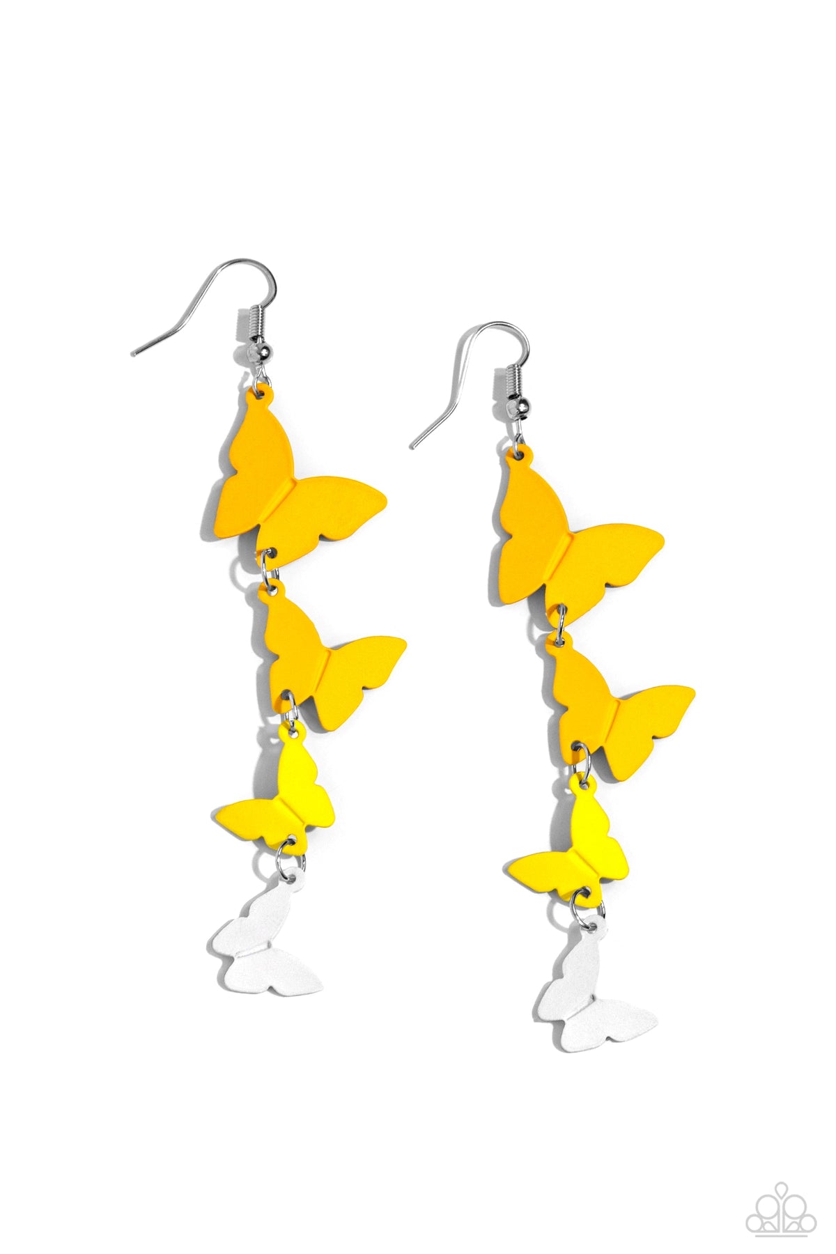 Haphazard Headliner Yellow Butterfly Earrings - Paparazzi Accessories- lightbox - CarasShop.com - Paparazzi Jewelry by Cara Jewels