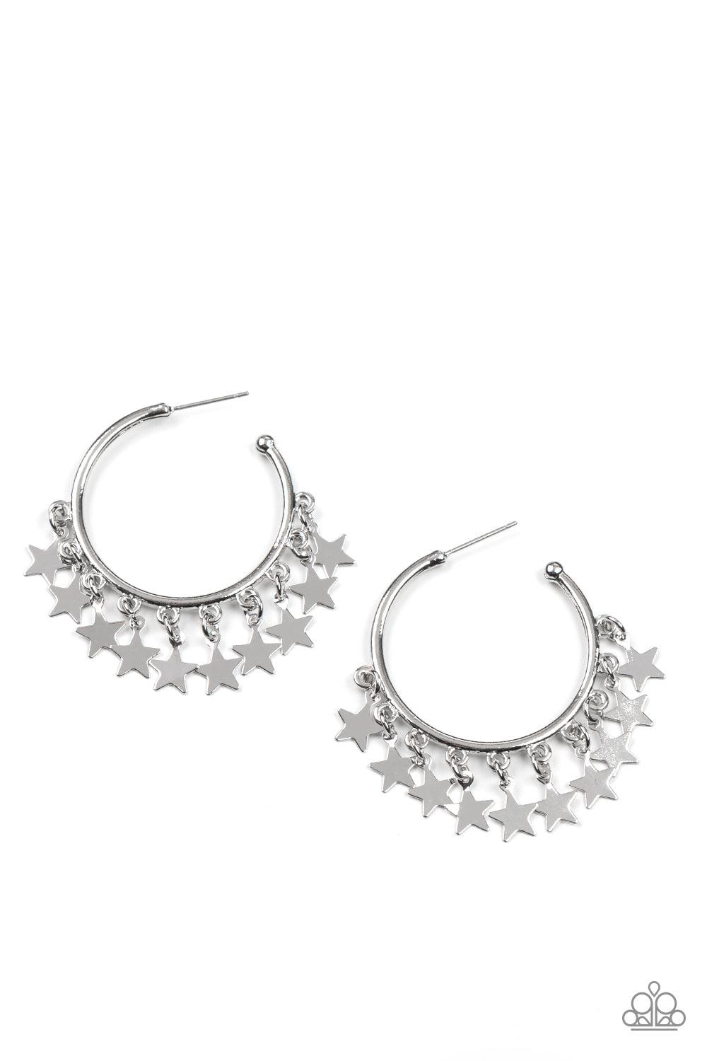 Happy Independence Day Silver Star Hoop Earrings - Paparazzi Accessories- lightbox - CarasShop.com - Paparazzi Jewelry by Cara Jewels
