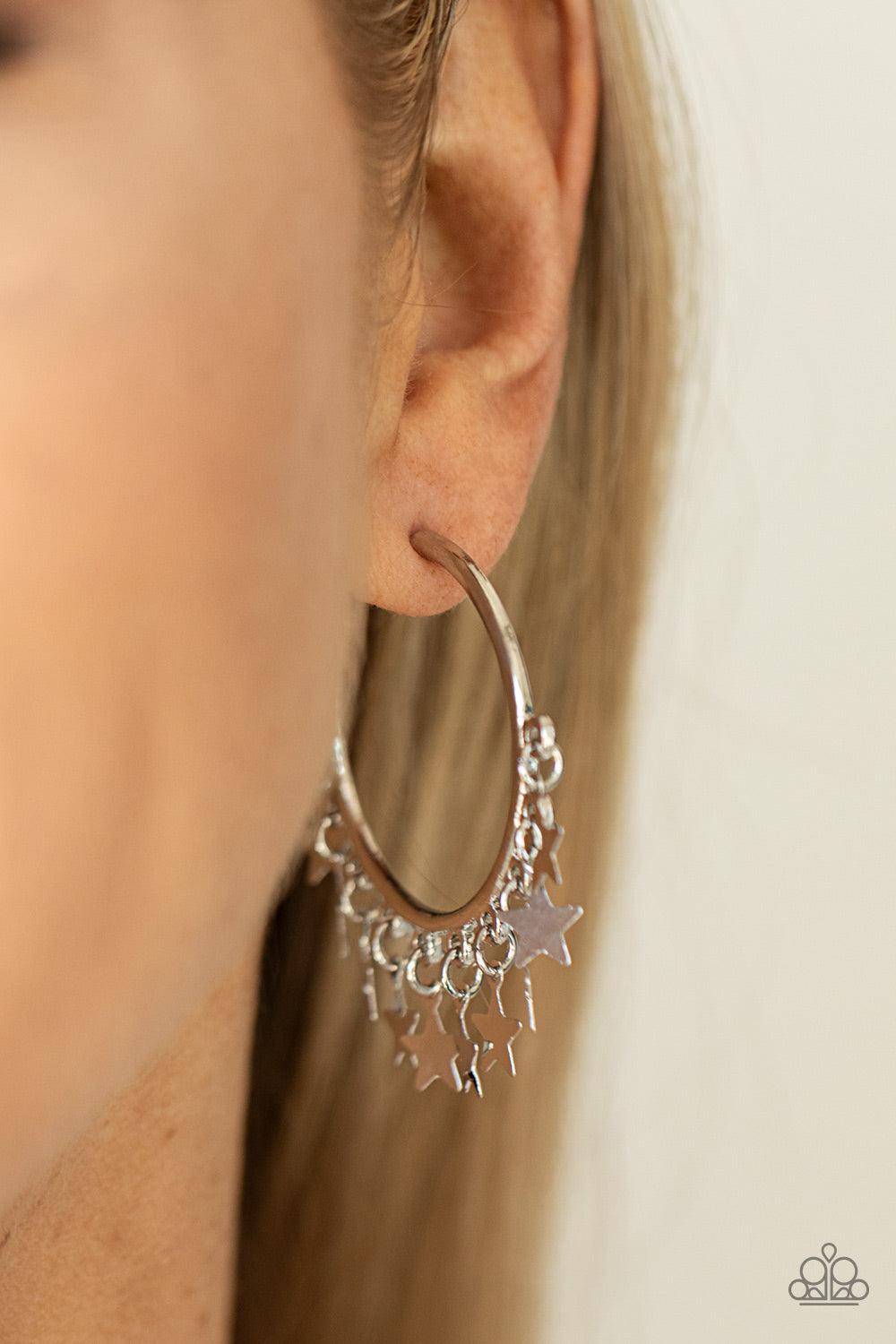 Happy Independence Day Silver Star Hoop Earrings - Paparazzi Accessories- on model - CarasShop.com - Paparazzi Jewelry by Cara Jewels