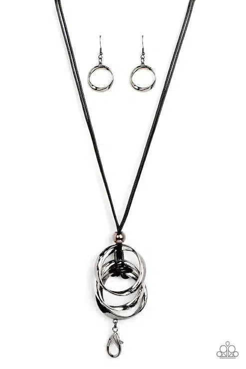 Harmonious Hardware Black Lanyard Necklace - Paparazzi Accessories- lightbox - CarasShop.com - Paparazzi Jewelry by Cara Jewels